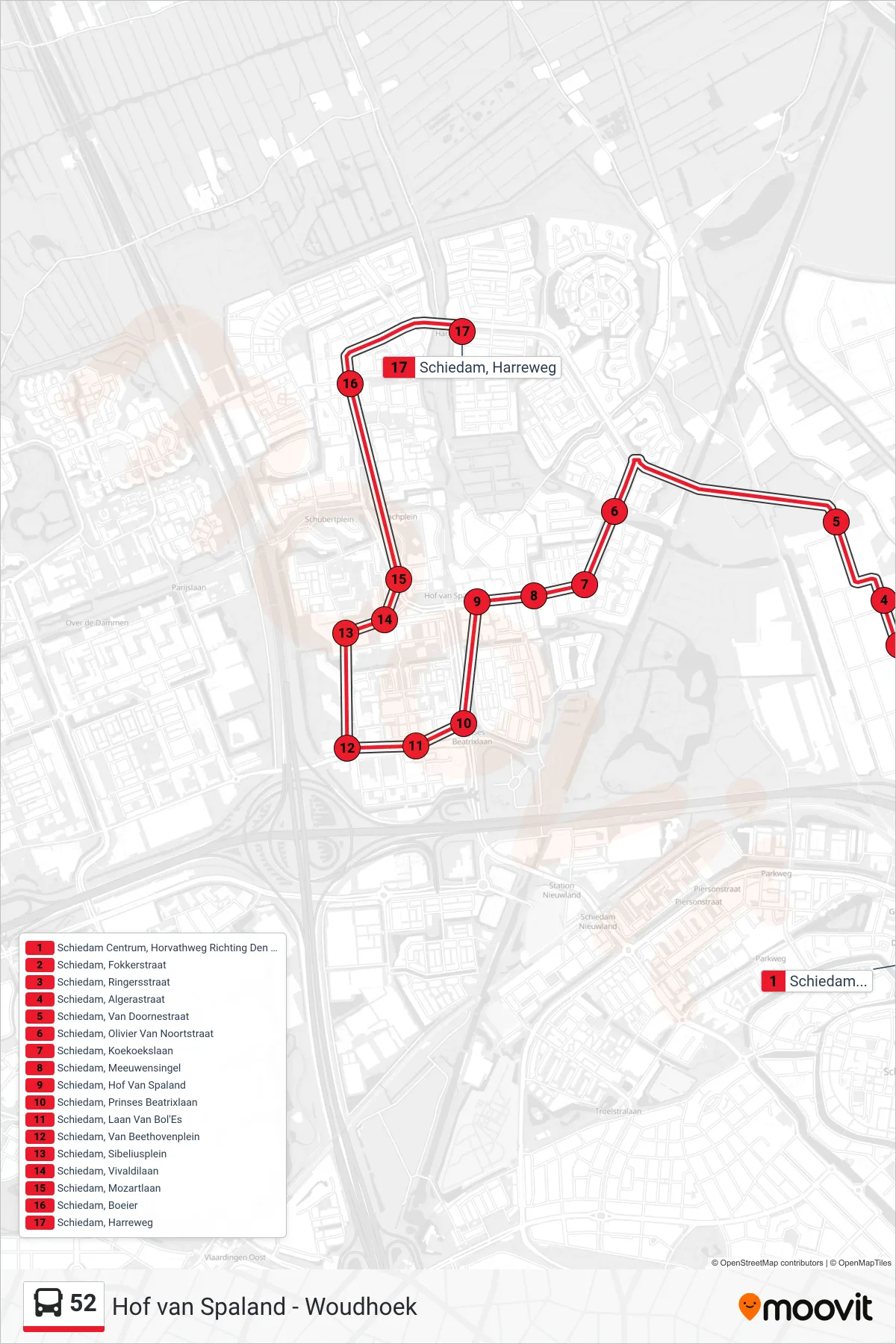 Lijn 52 (bus, Woudhoek): route en haltes op de kaart