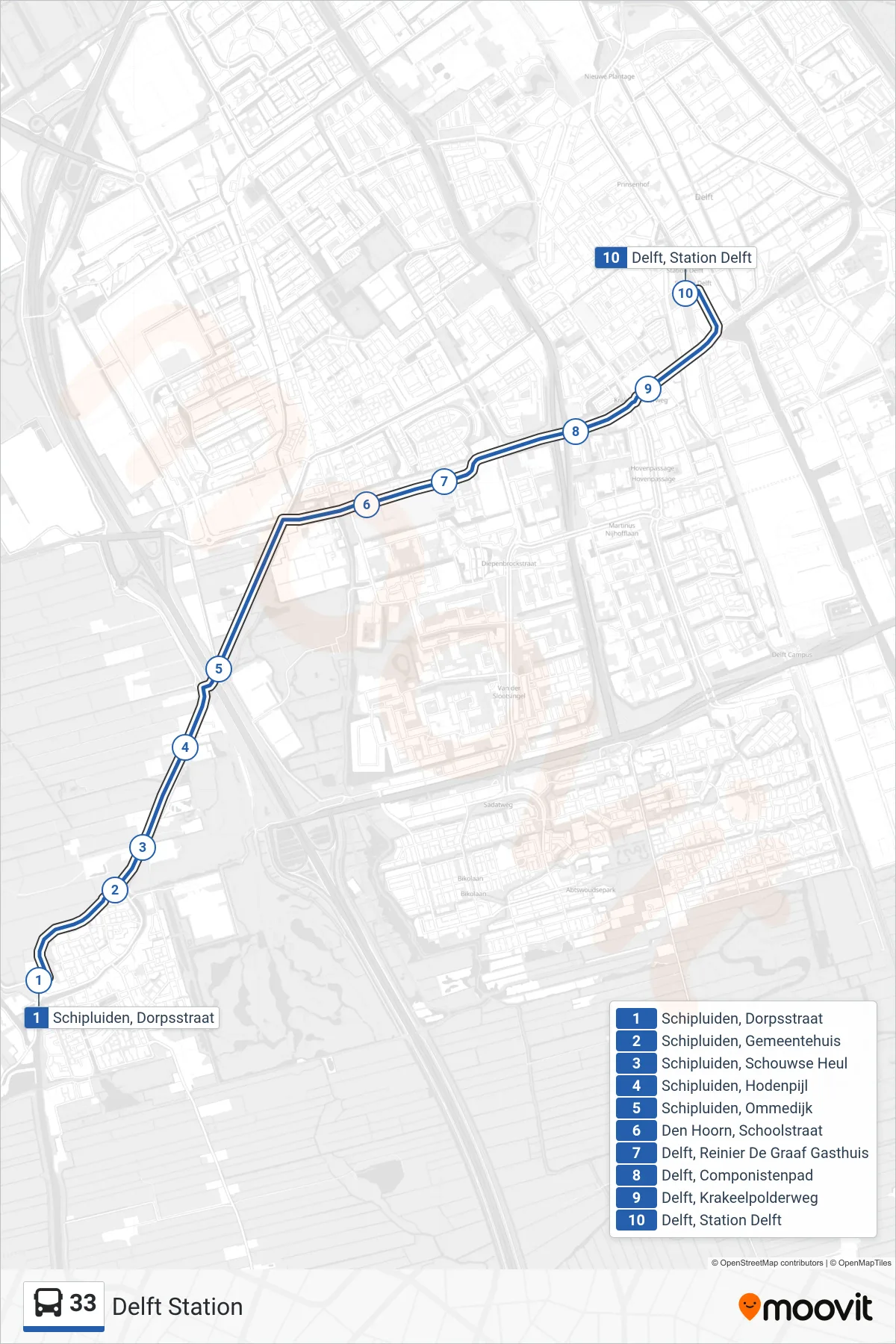 Linie 33 (Bus) Richtung Delft Station: Route und Haltestellen auf der Karte