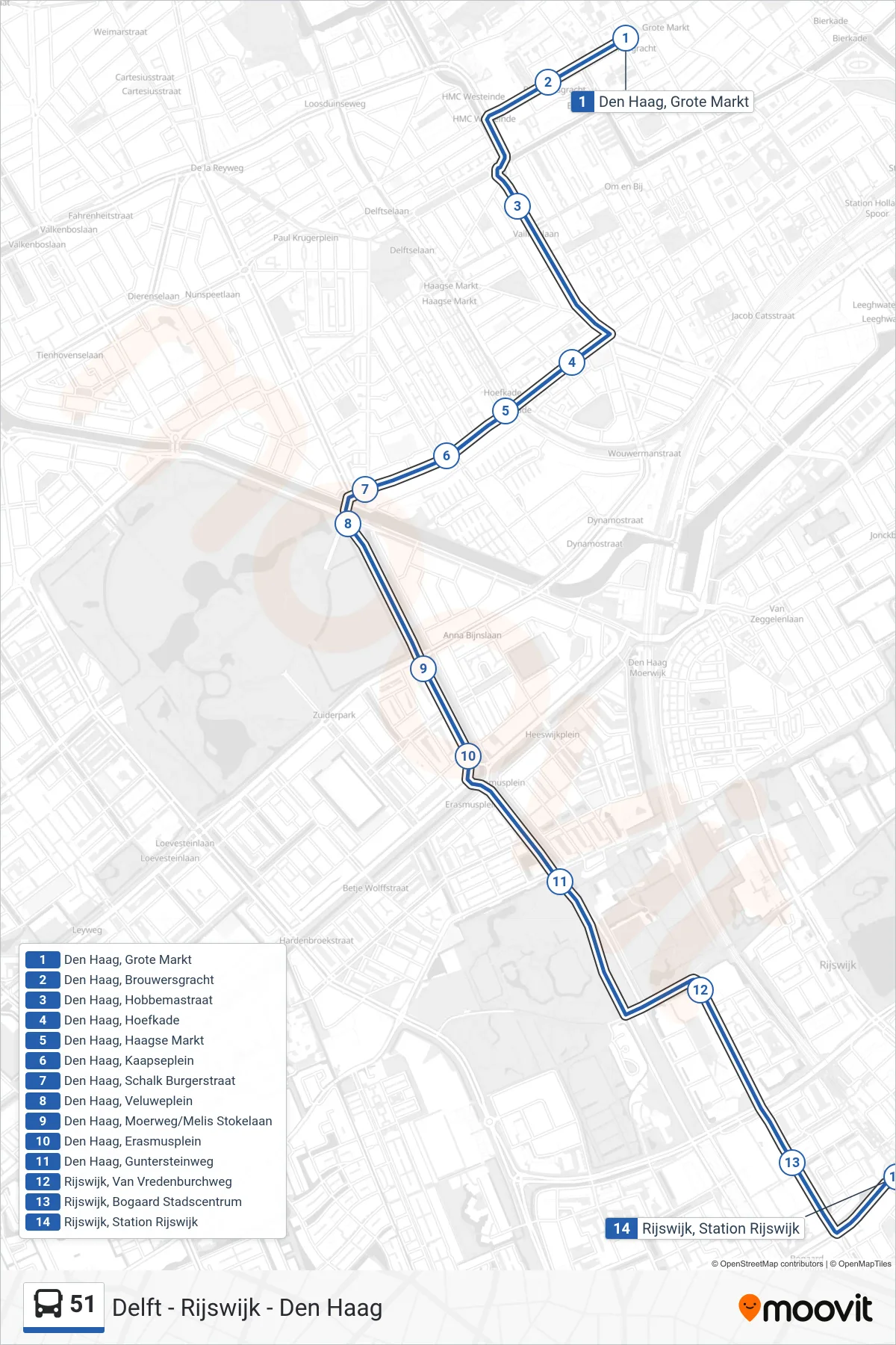 Lijn 51 (bus, Rijswijk Station): route en haltes op de kaart