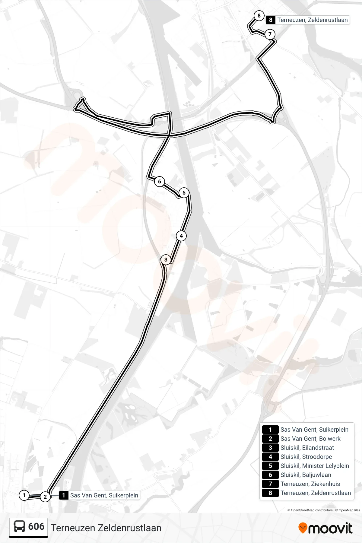 Lijn 606 (bus, Terneuzen Zeldenrustlaan): route en haltes op de kaart