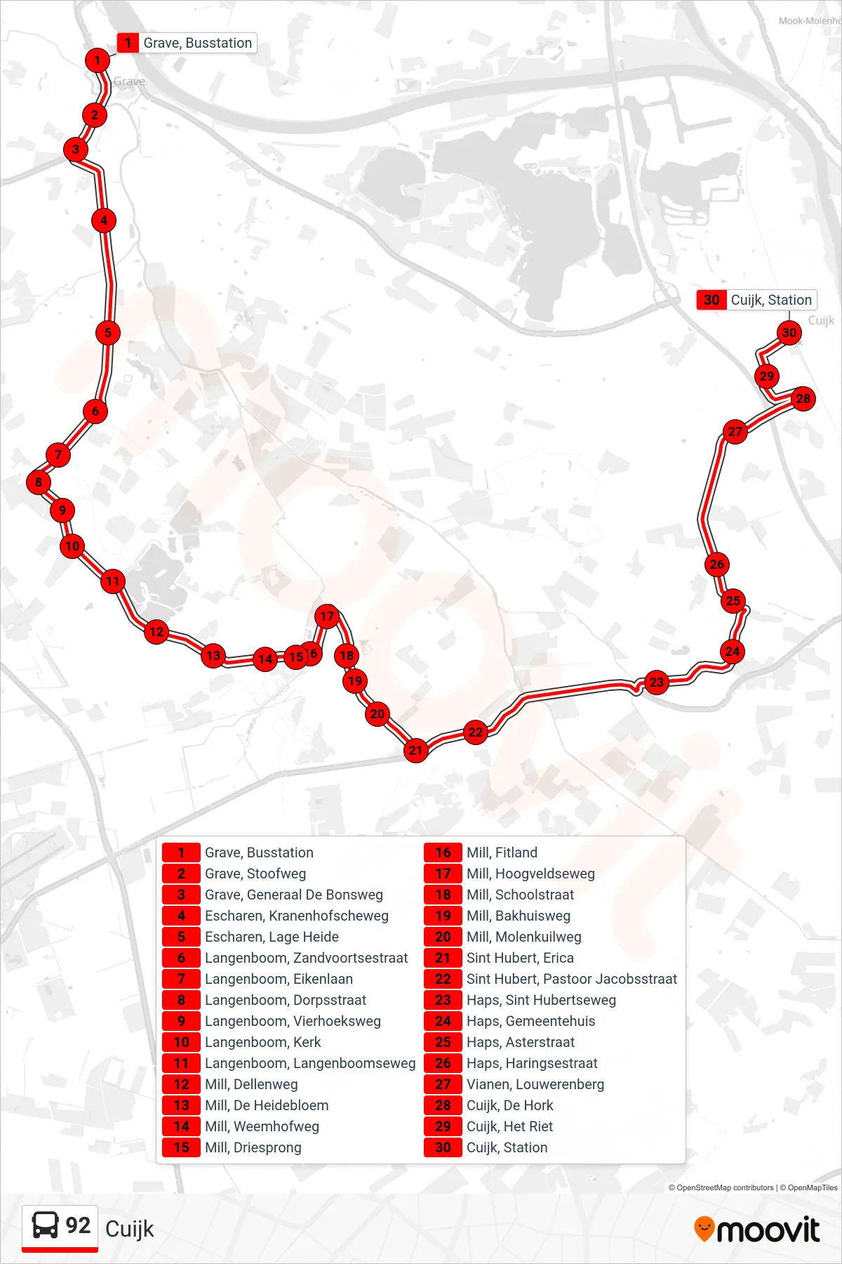 Lijn 92 (bus, Cuijk): route en haltes op de kaart