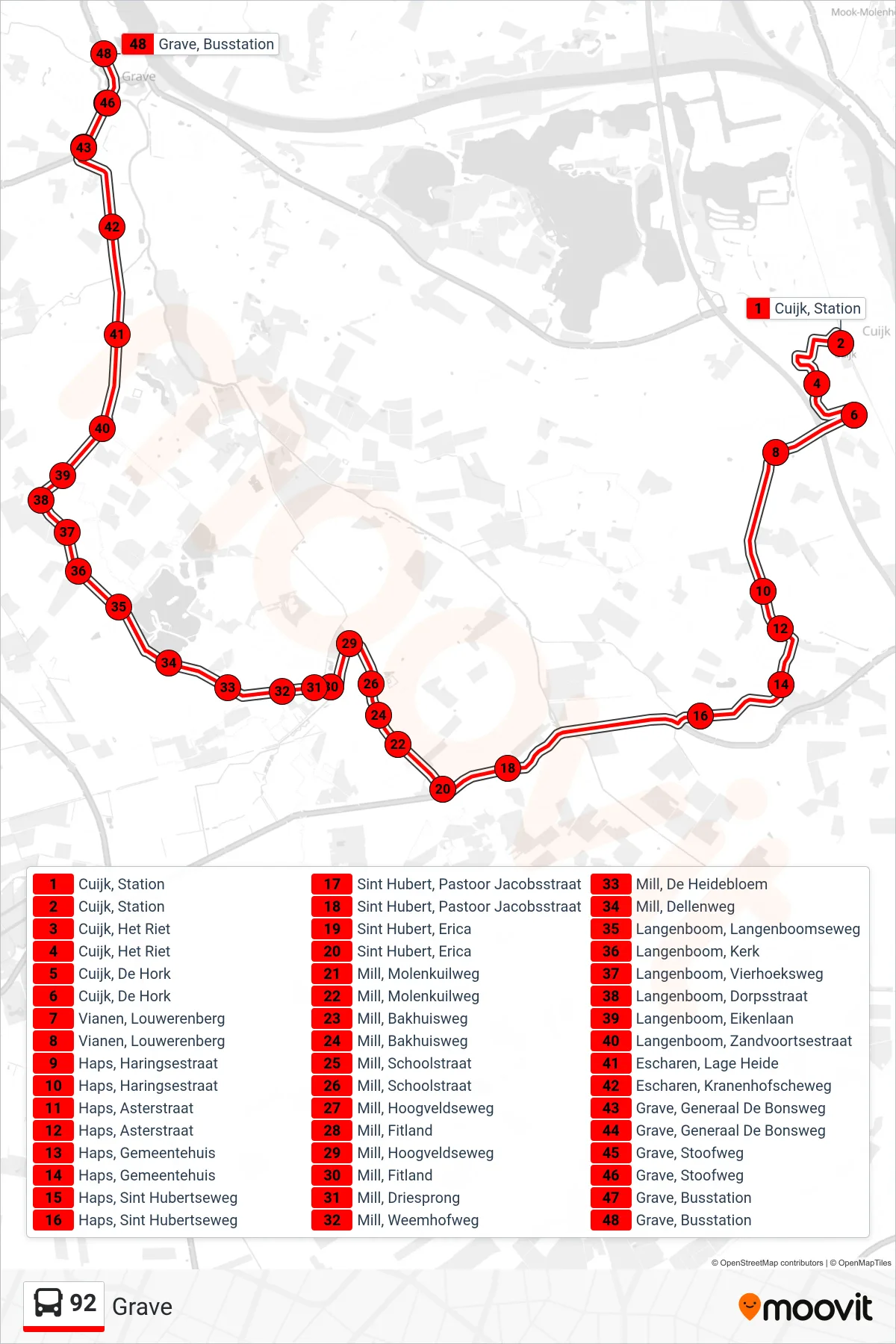 Lijn 92 (bus, Grave): route en haltes op de kaart