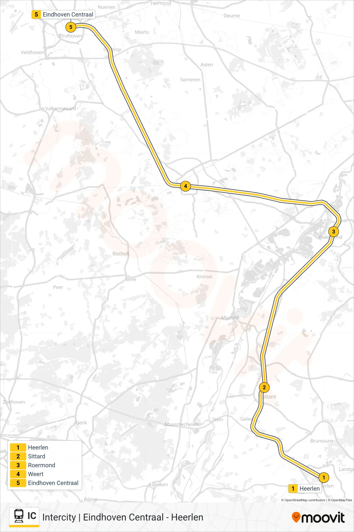 Lijn IC (trein, Eindhoven Centraal): route en haltes op de kaart