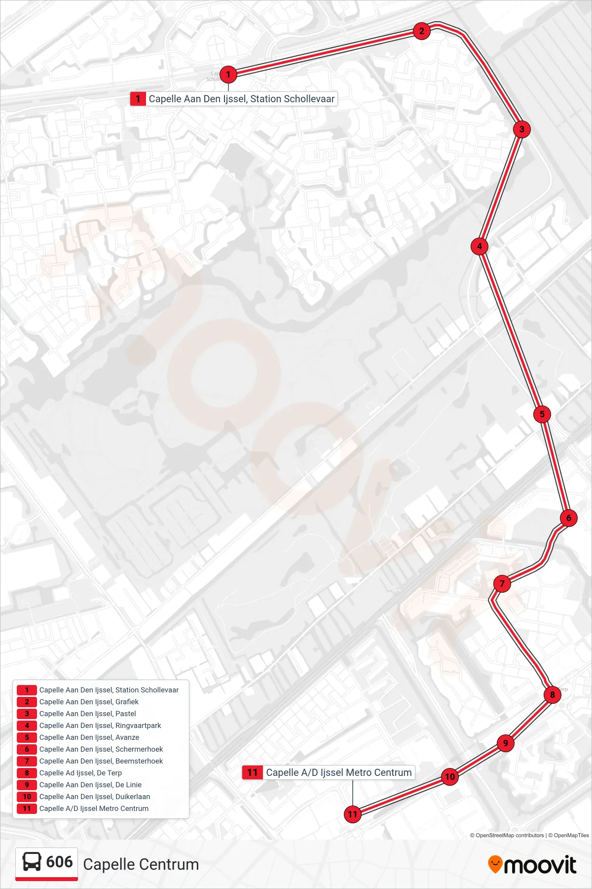 Lijn 606 (bus, Capelle Centrum): route en haltes op de kaart
