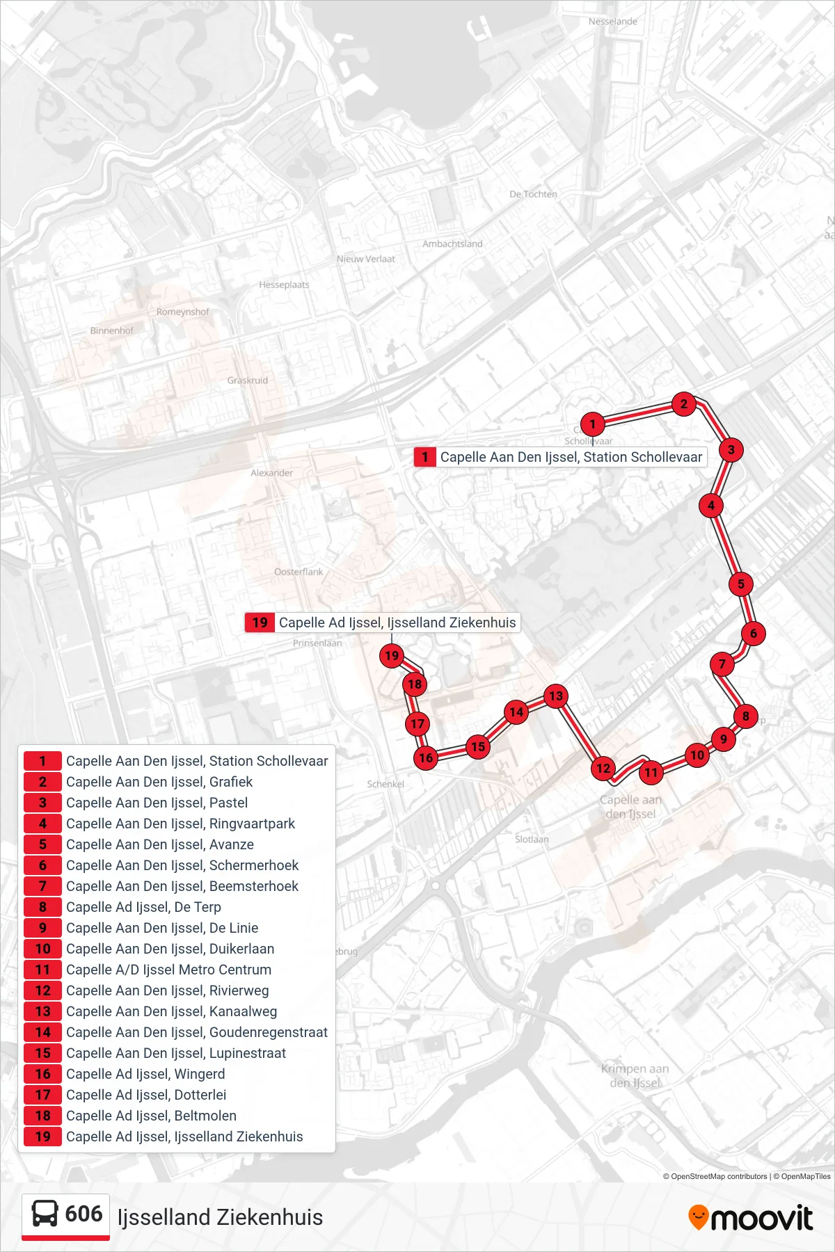 Lijn 606 (bus, Ijsselland Ziekenhuis): route en haltes op de kaart
