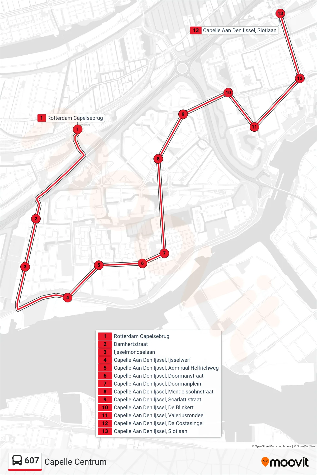 Lijn 607 (bus, Capelle Centrum): route en haltes op de kaart