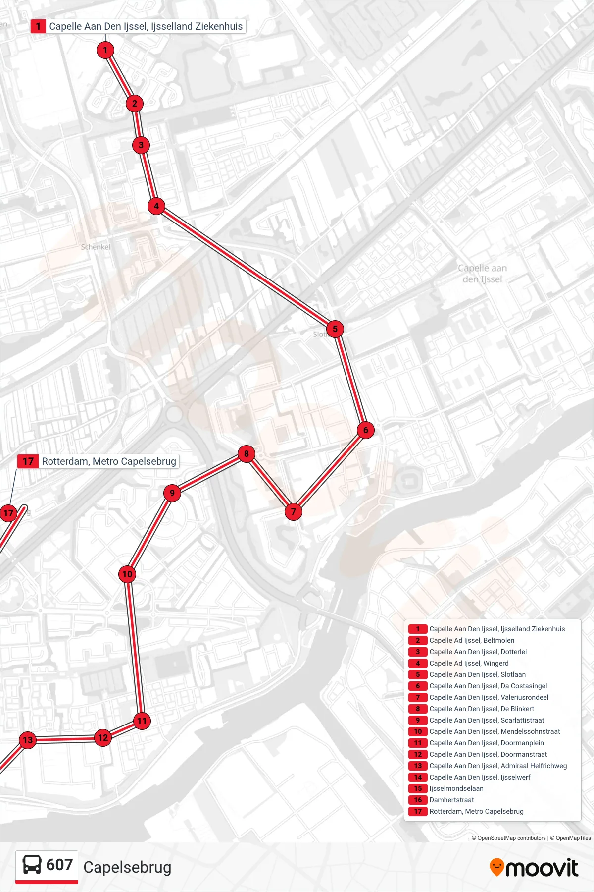 607 bus Line (Capelsebrug) route and stops on a map