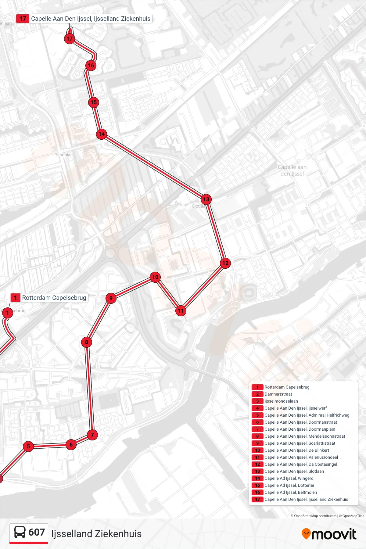 Lijn 607 (bus, Ijsselland Ziekenhuis): route en haltes op de kaart