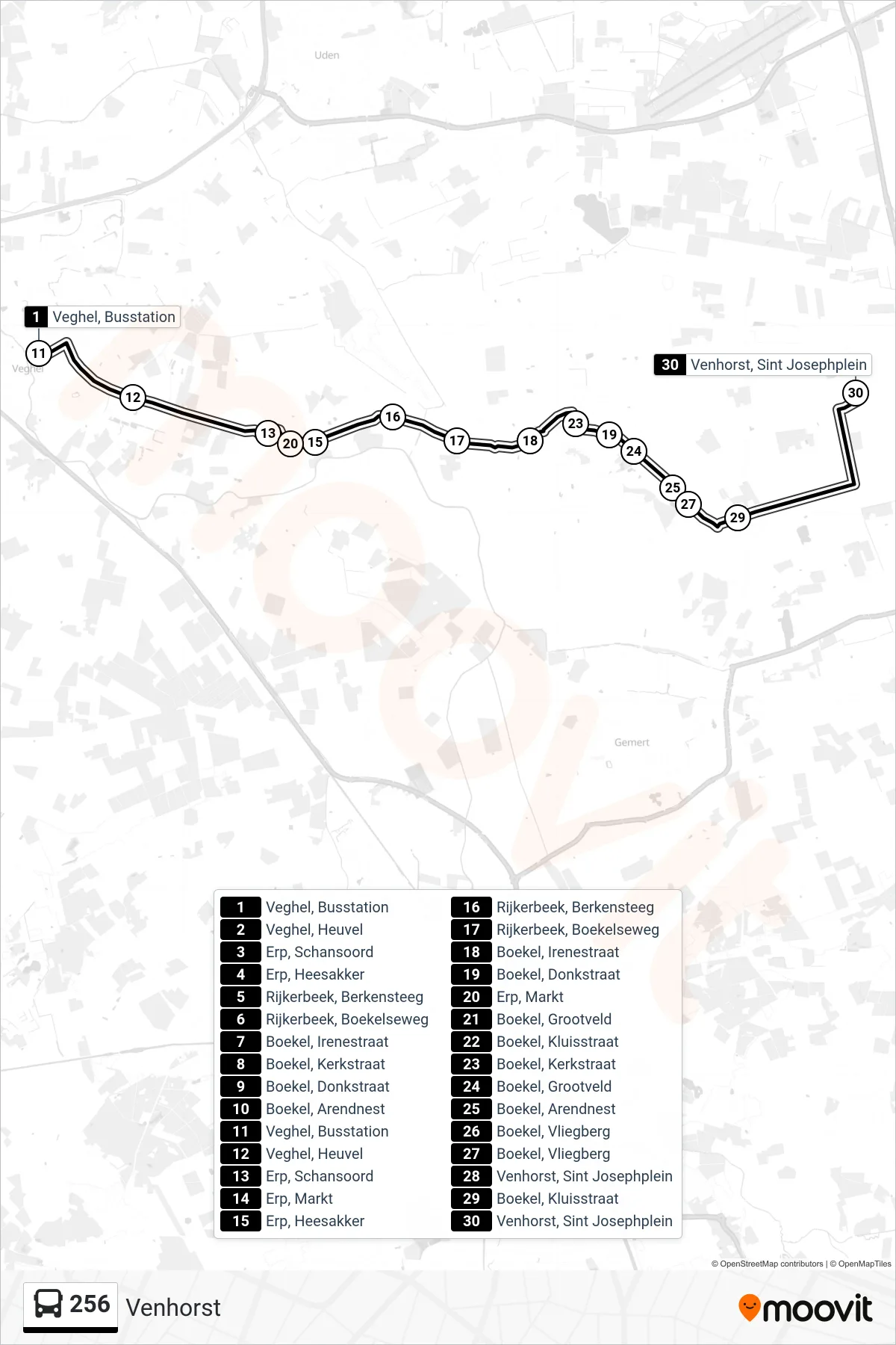 Lijn 256 (bus, Venhorst): route en haltes op de kaart