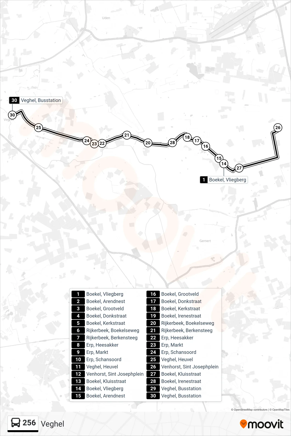 Lijn 256 (bus, Veghel): route en haltes op de kaart