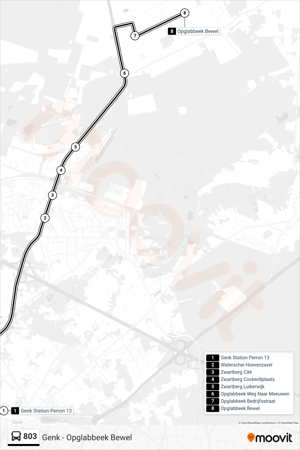 Lijn 803 (bus, Opglabbeek Bewel): route en haltes op de kaart