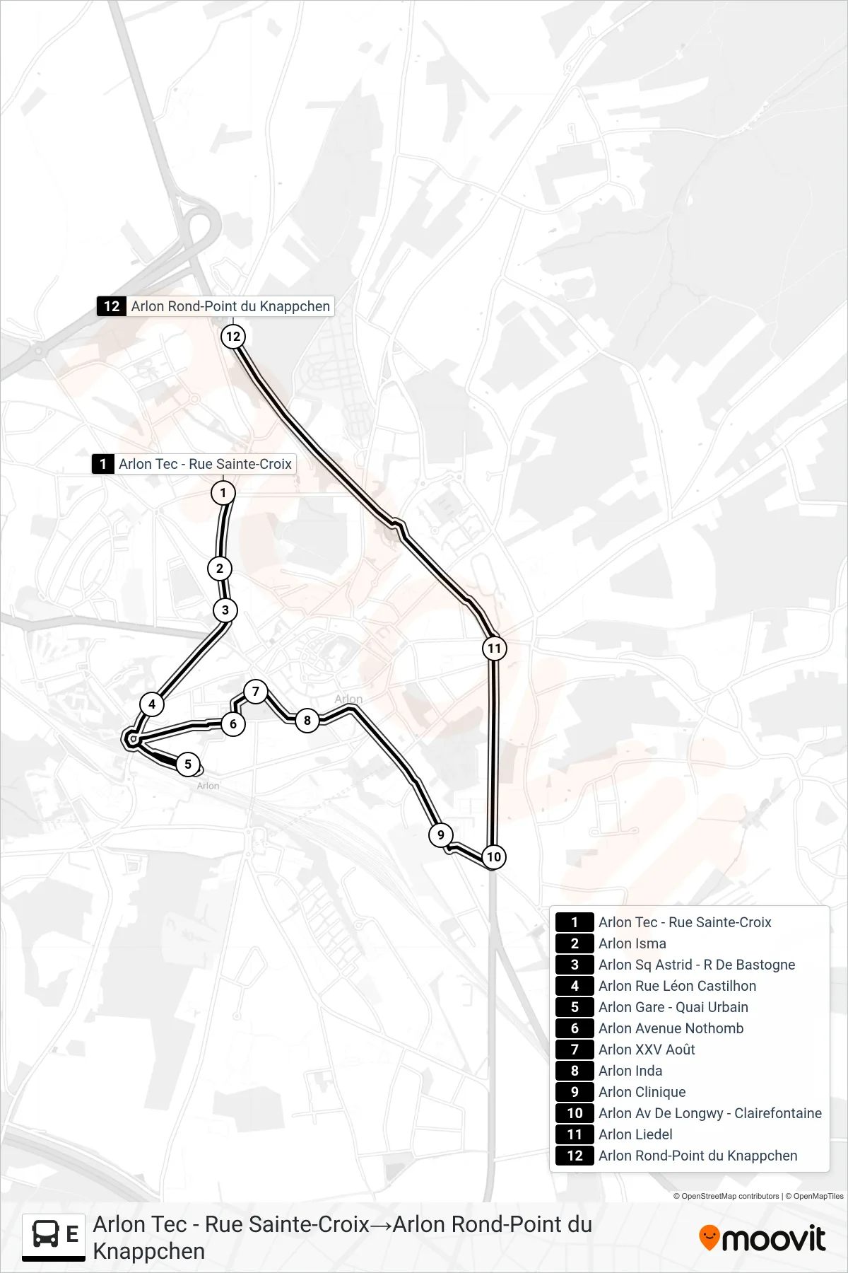Lijn E (bus, Arlon Tec - Rue Sainte-Croix‎→Arlon Rond-Point du Knappchen): route en haltes op de kaart