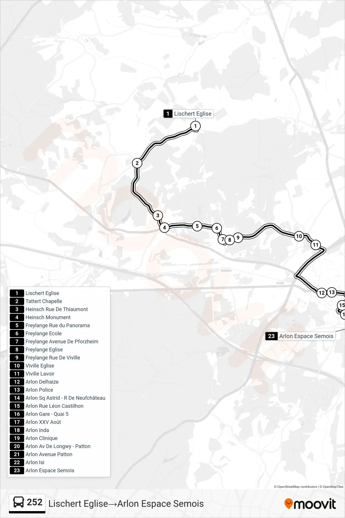 Lijn 252 (bus, Lischert Eglise→Arlon Espace Semois): route en haltes op de kaart