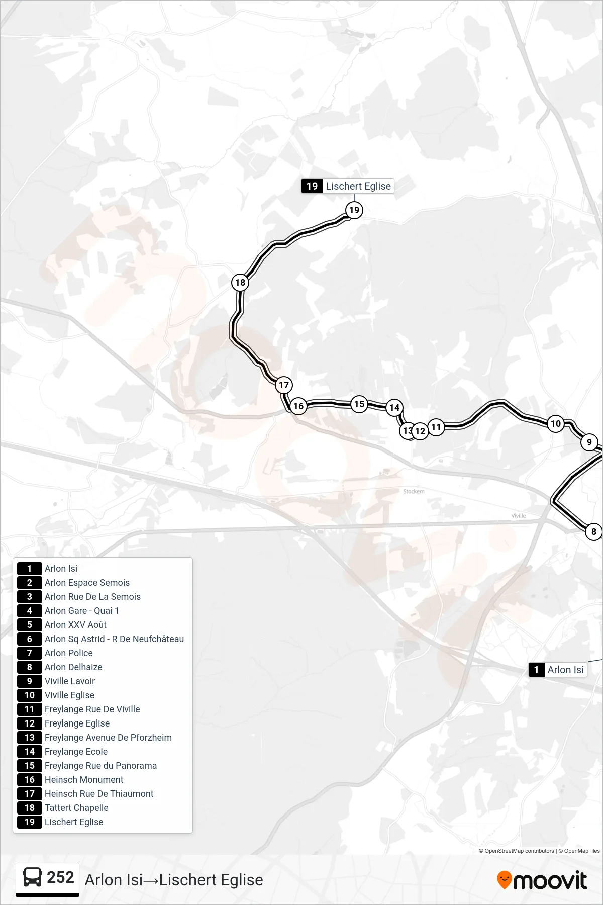 Lijn 252 (bus, Arlon Isi‎→Lischert Eglise): route en haltes op de kaart