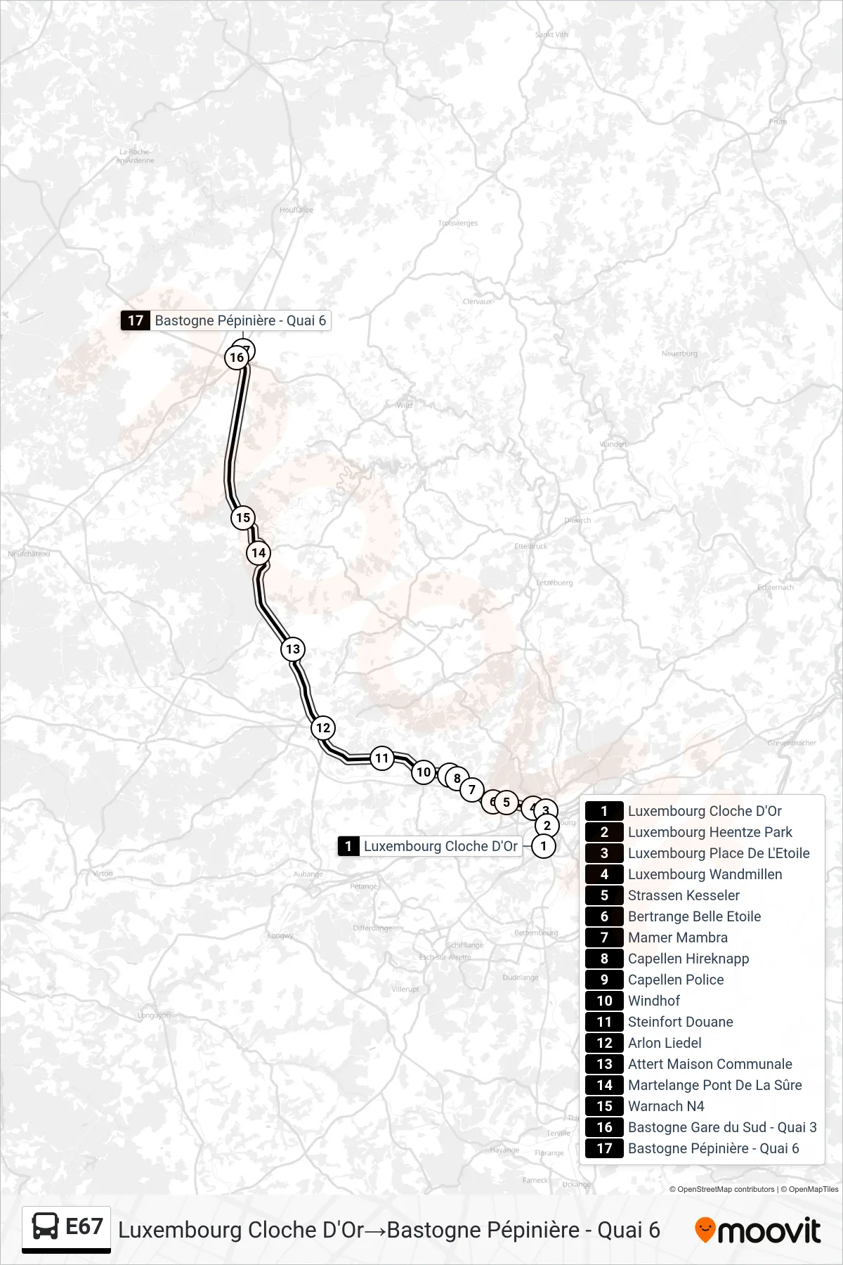 Lijn E67 (bus, Luxembourg Cloche D'Or‎→Bastogne Pépinière - Quai 6): route en haltes op de kaart