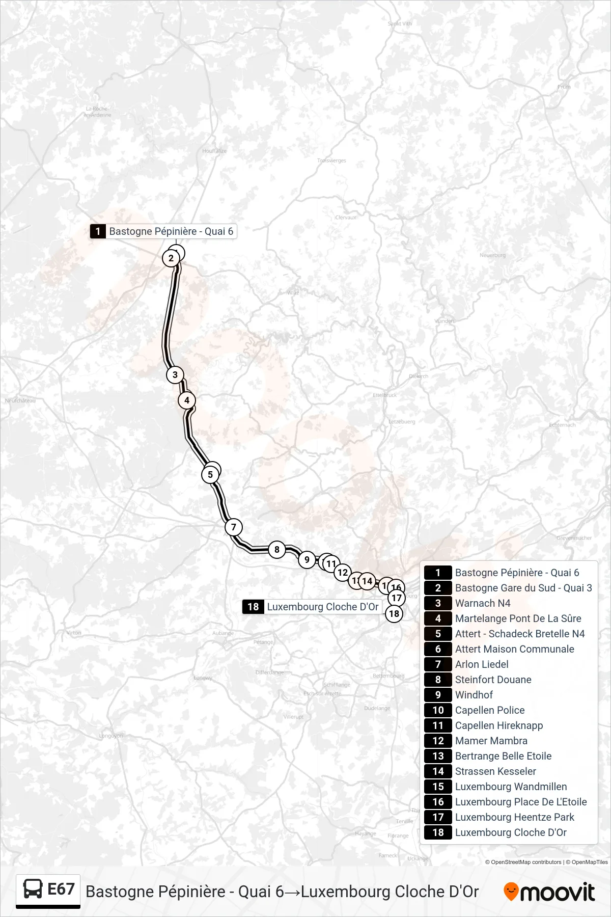 Lijn E67 (bus, Bastogne Pépinière - Quai 6→Luxembourg Cloche D'Or): route en haltes op de kaart