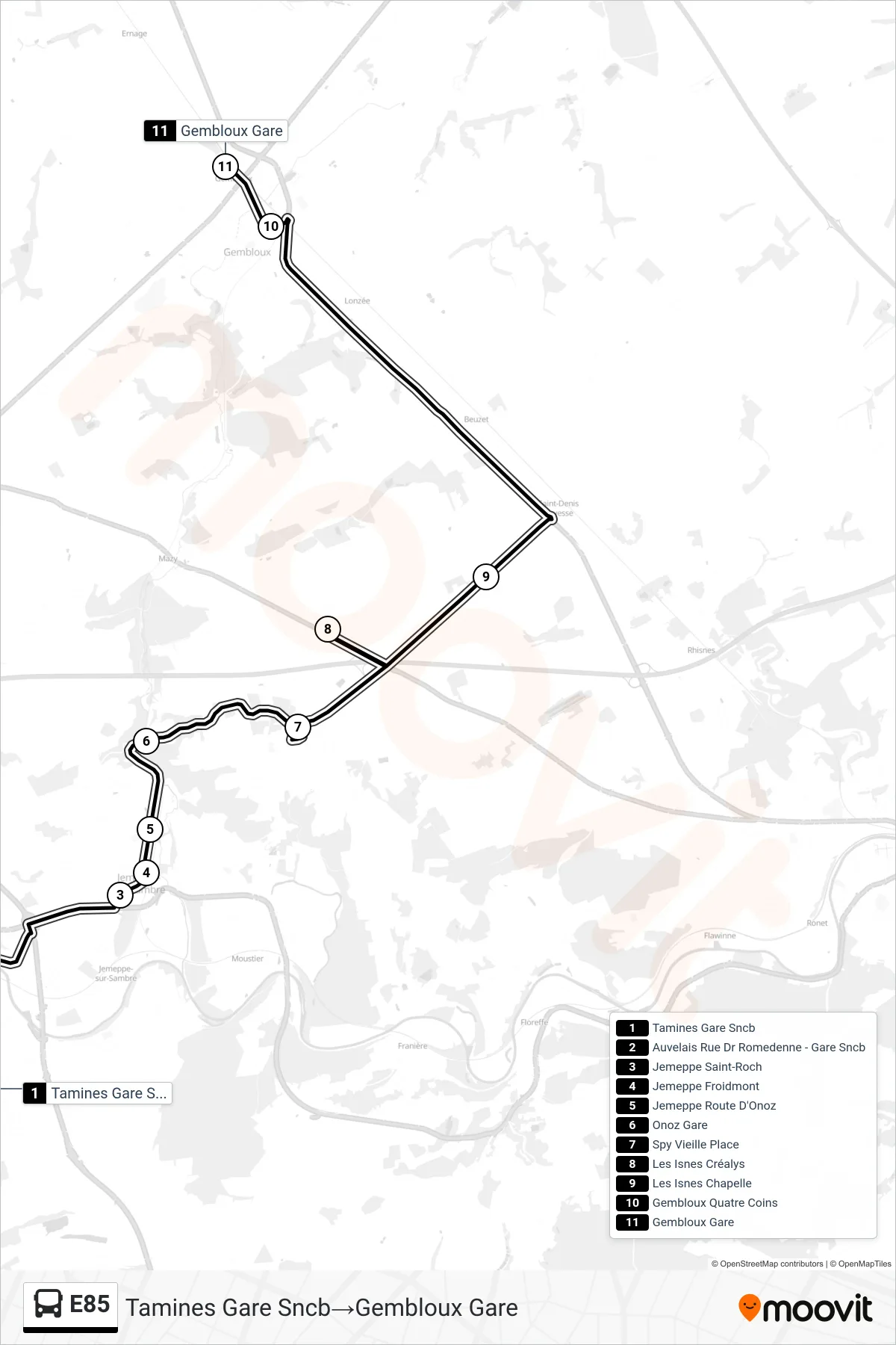 Lijn E85 (bus, Tamines Gare Sncb‎→Gembloux Gare): route en haltes op de kaart