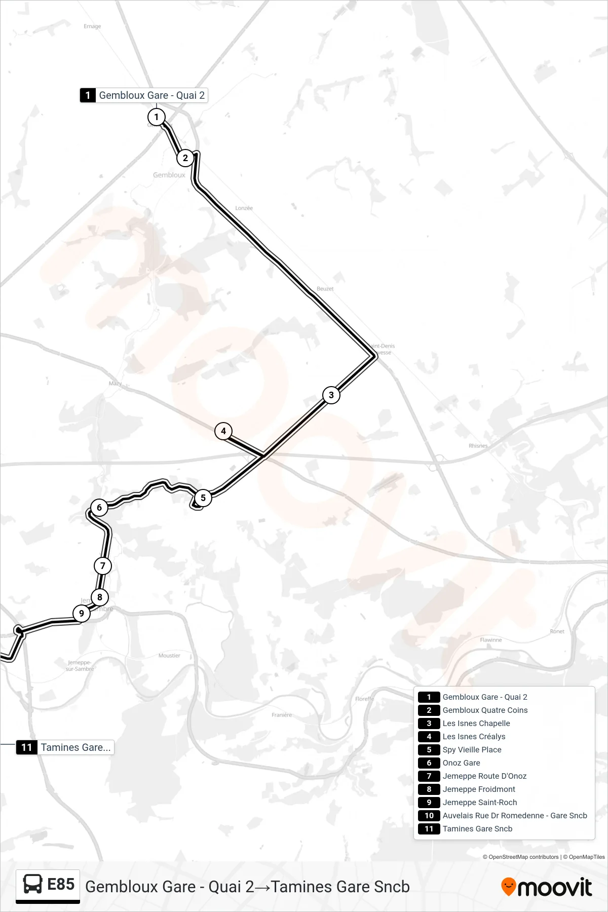 Lijn E85 (bus, Gembloux Gare - Quai 2→Tamines Gare Sncb): route en haltes op de kaart