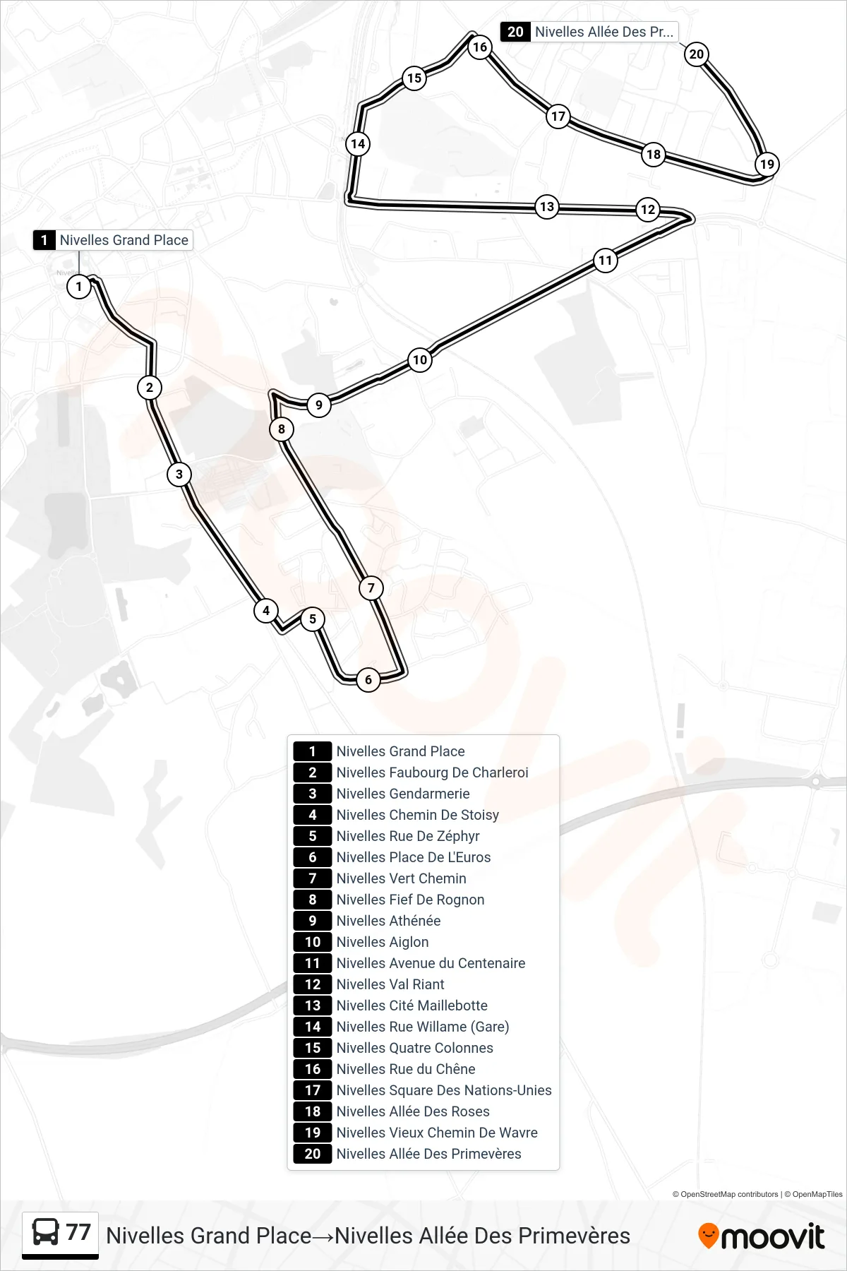 Lijn 77 (bus, Nivelles Grand Place→Nivelles Allée Des Primevères): route en haltes op de kaart