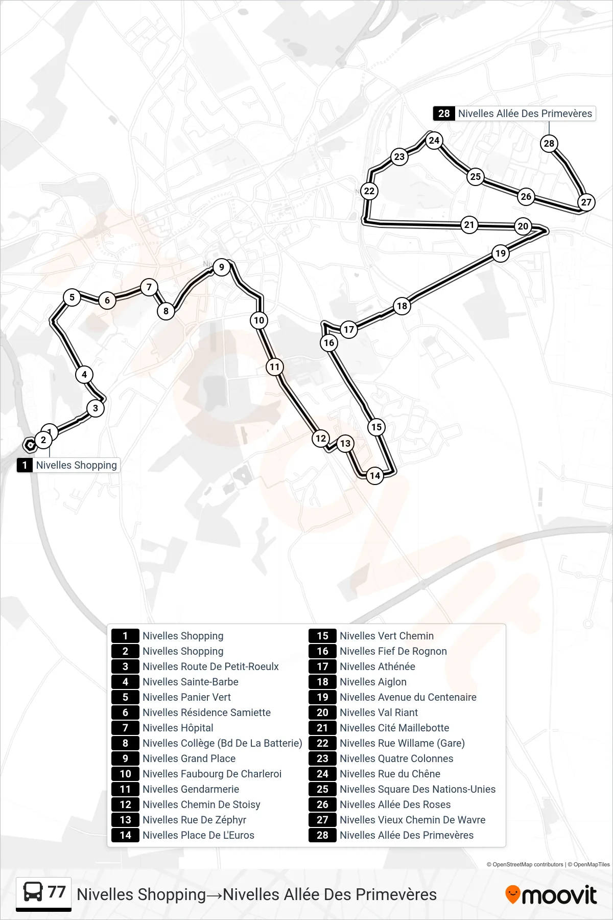 Lijn 77 (bus, Nivelles Shopping→Nivelles Allée Des Primevères): route en haltes op de kaart