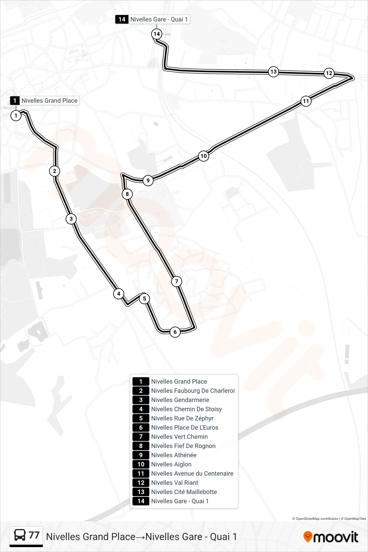 Lijn 77 (bus, Nivelles Grand Place→Nivelles Gare - Quai 1): route en haltes op de kaart