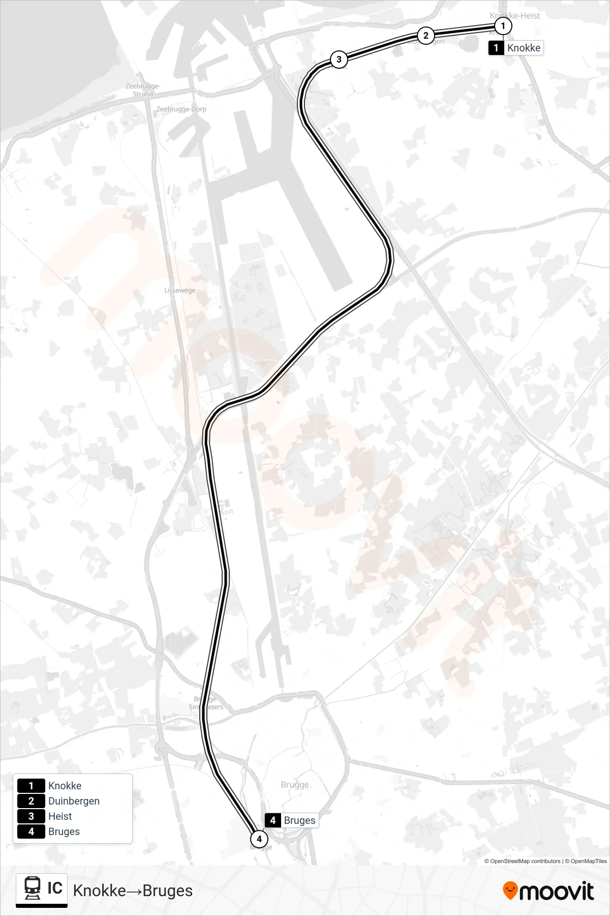 IC train Line (Knokke→Bruges) route and stops on a map
