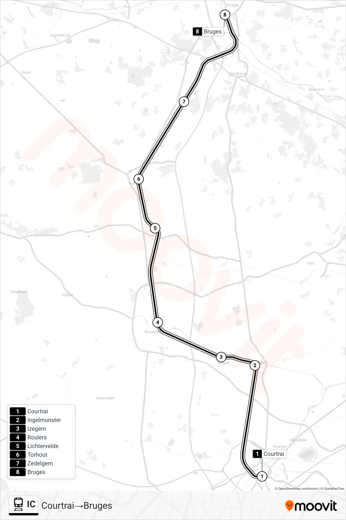 Lijn IC (trein, Courtrai‎→Bruges): route en haltes op de kaart