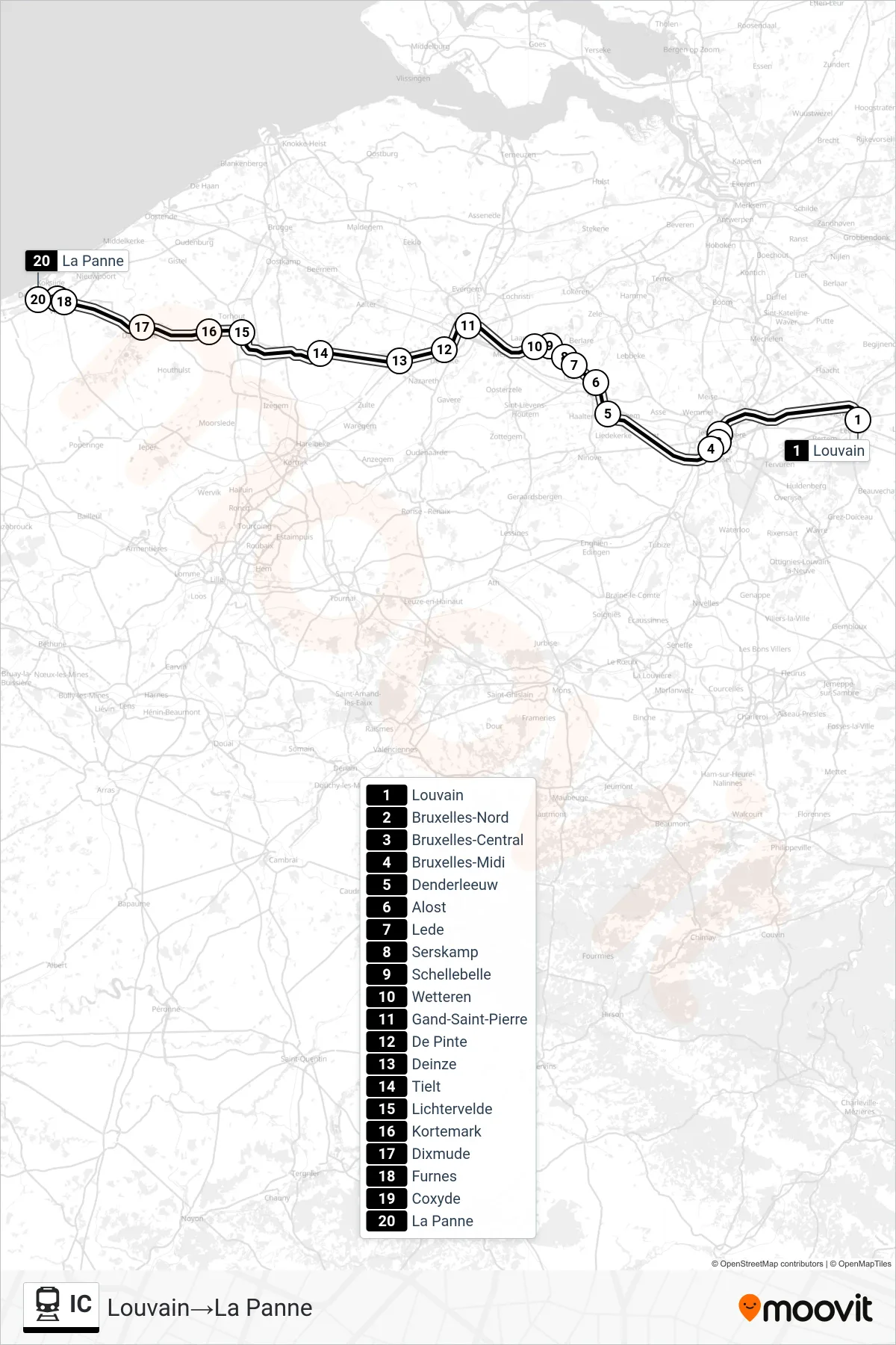 Lijn IC (trein, Louvain→La Panne): route en haltes op de kaart