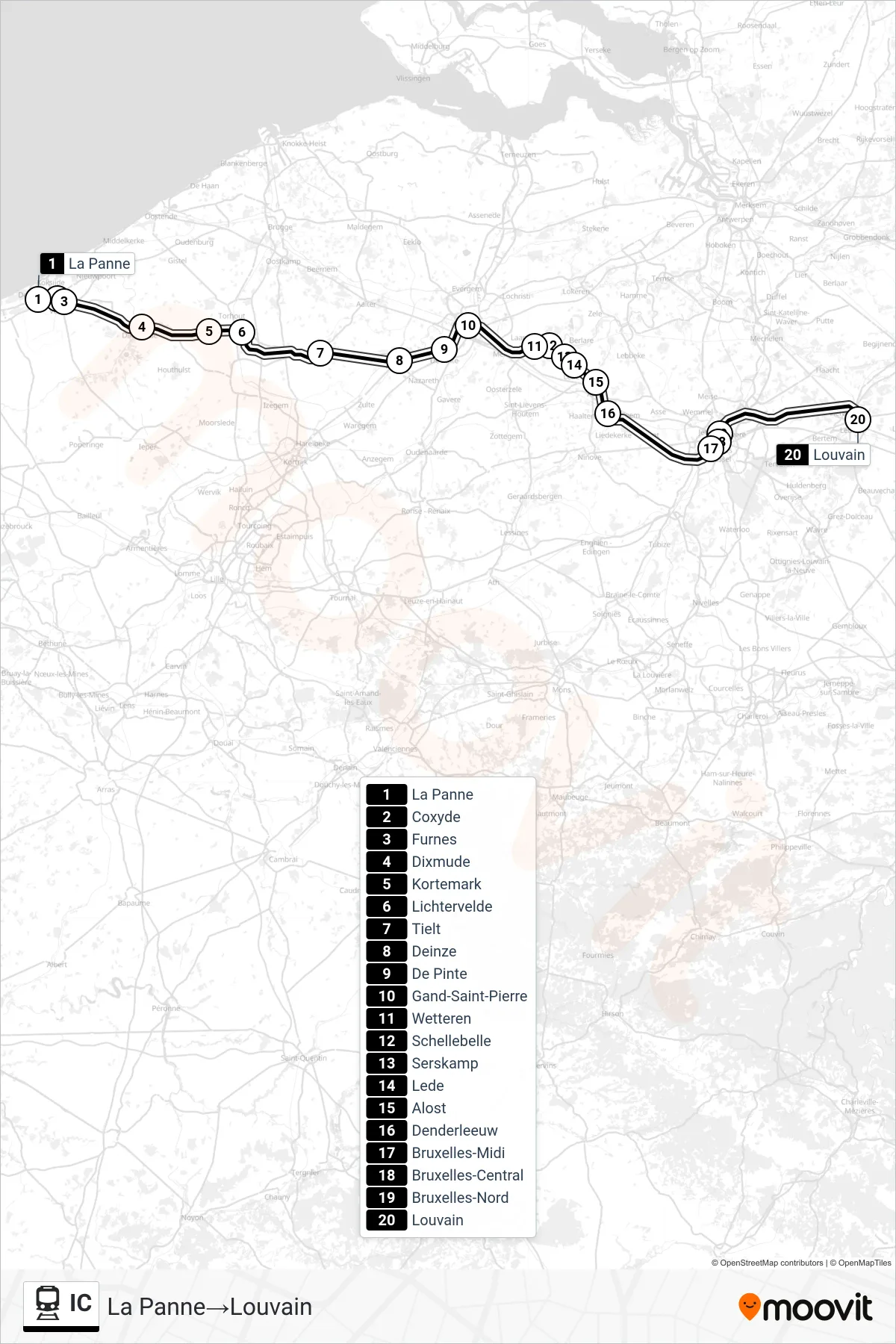 IC train Line (La Panne→Leuven) route and stops on a map