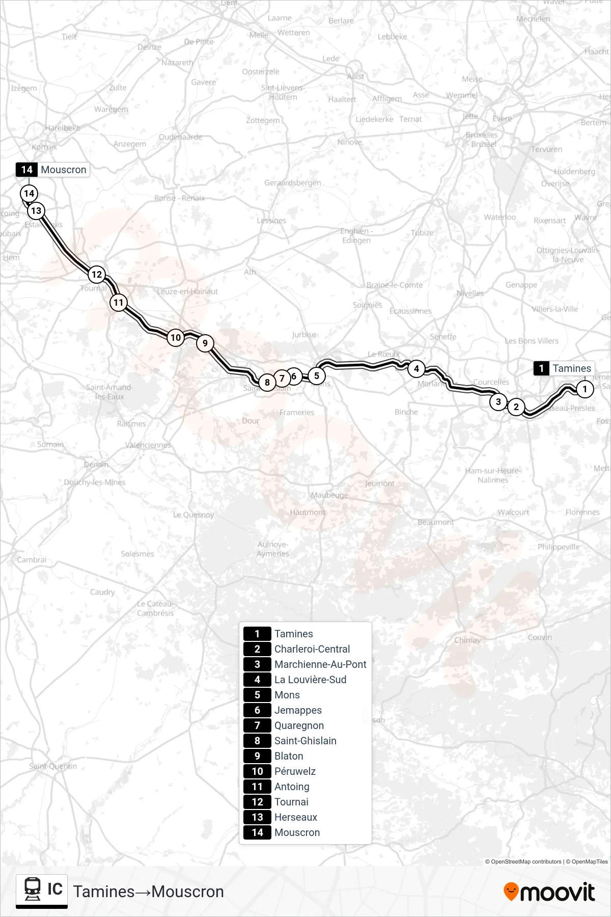 IC train Line (Tamines→Mouscron) route and stops on a map
