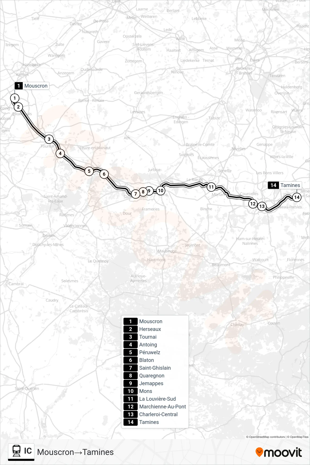 Lijn IC (trein, Mouscron→Tamines): route en haltes op de kaart