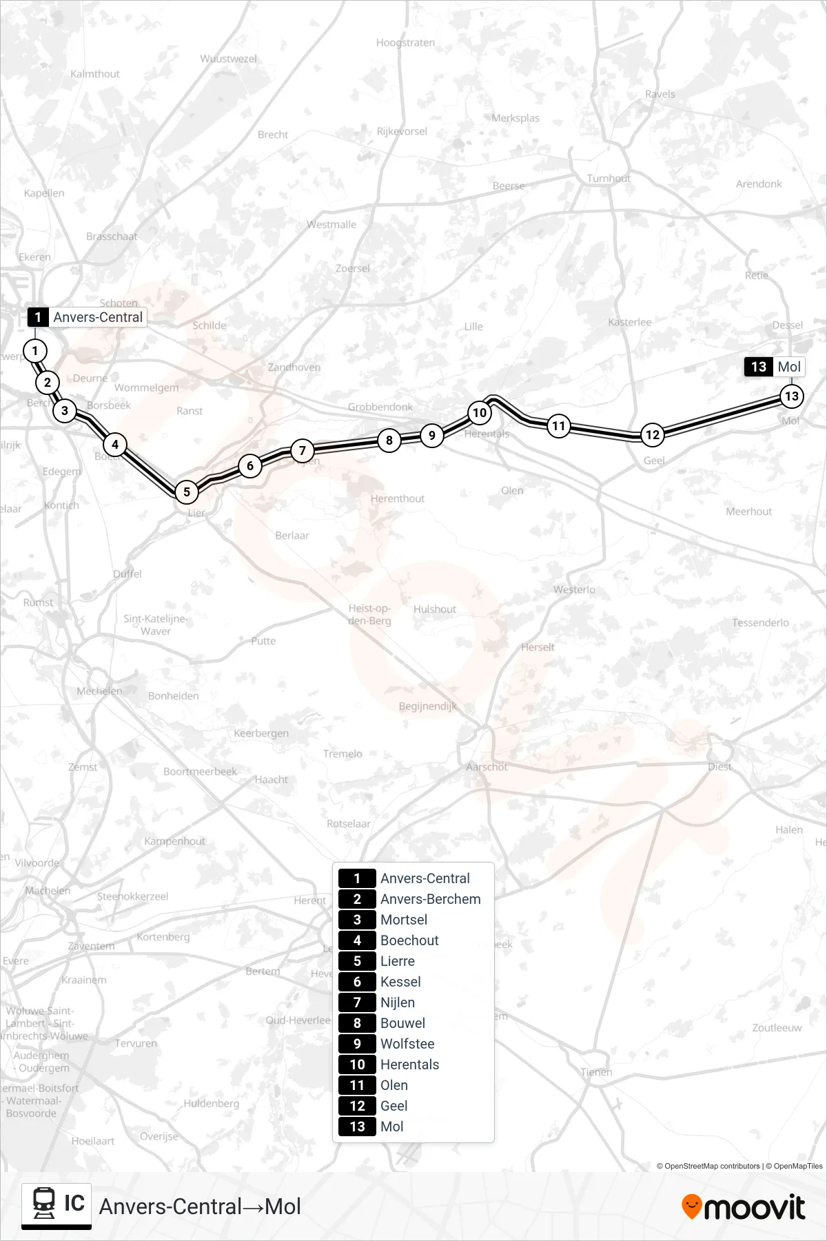 Lijn IC (trein, Anvers-Central→Mol): route en haltes op de kaart