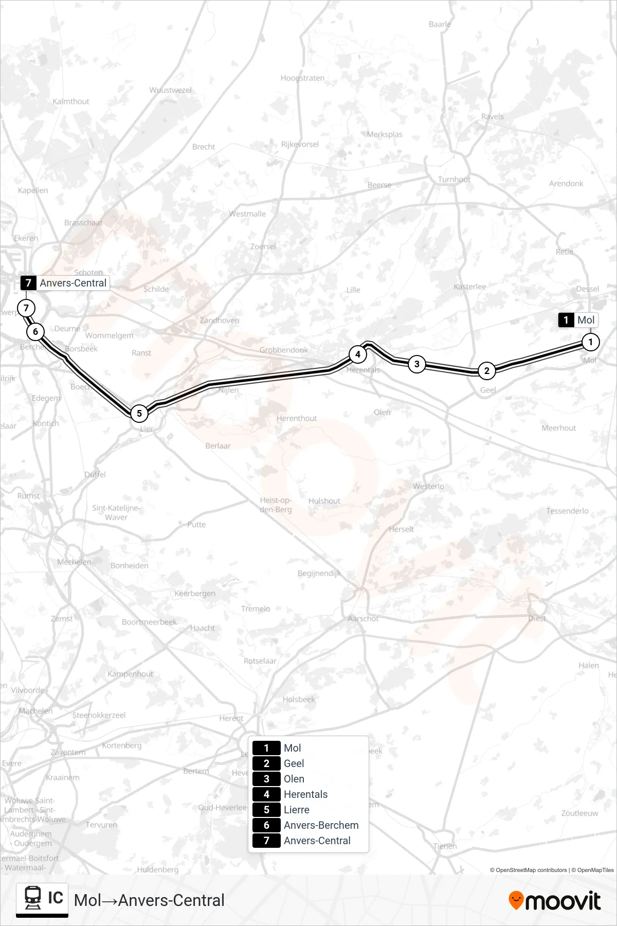 IC train Line (Mol‎→Antwerp Central) route and stops on a map