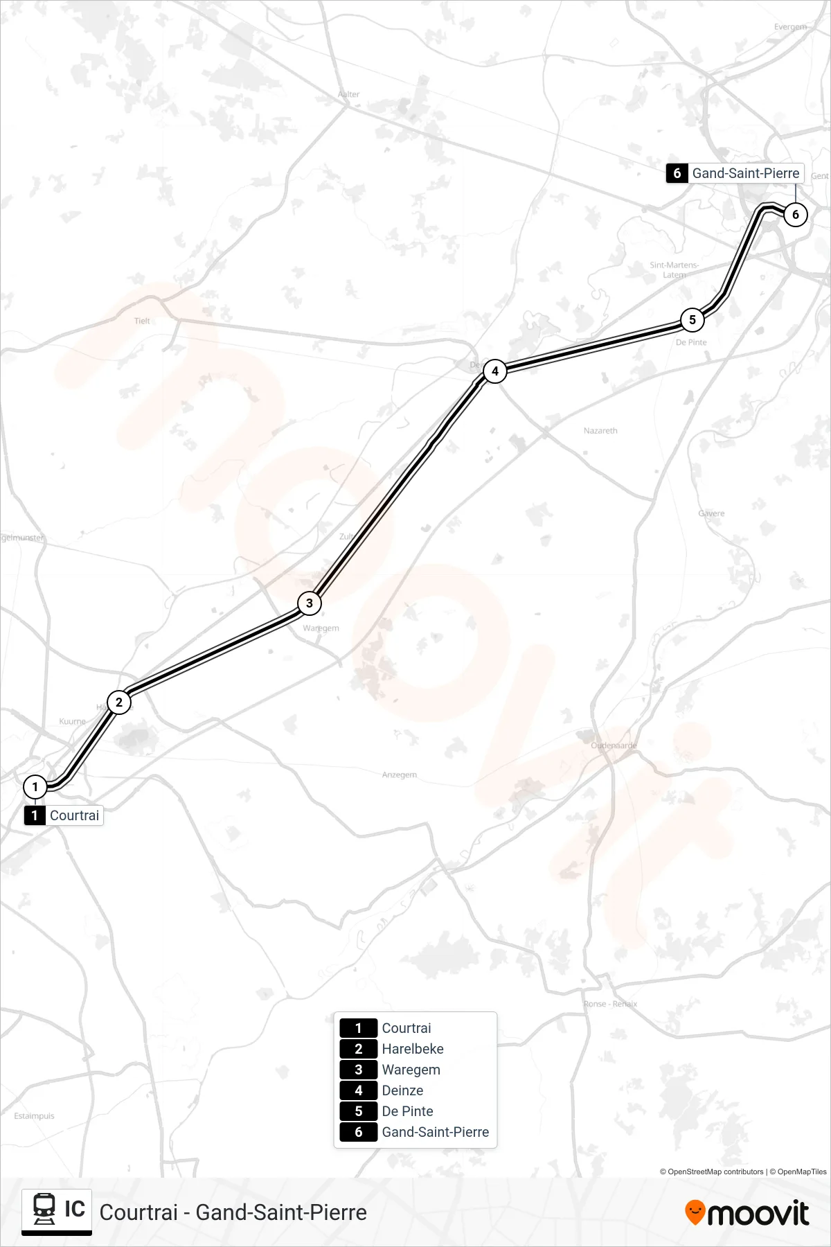 IC train Line (Courtrai‎→Ghent St. Peter) route and stops on a map