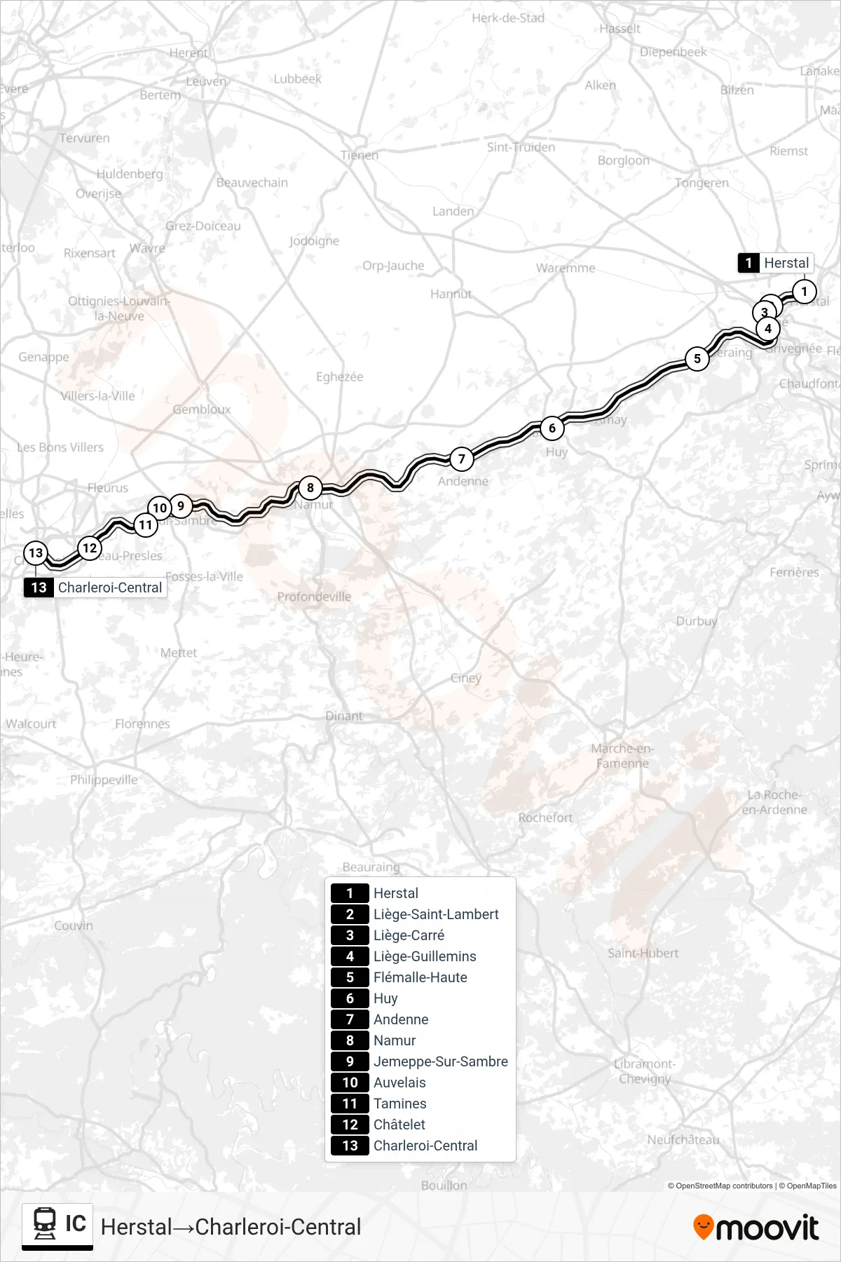 Lijn IC (trein, Herstal→Charleroi-Central): route en haltes op de kaart
