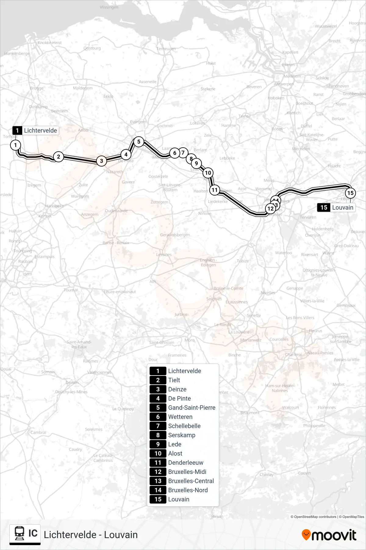 IC train Line (Lichtervelde→Leuven) route and stops on a map
