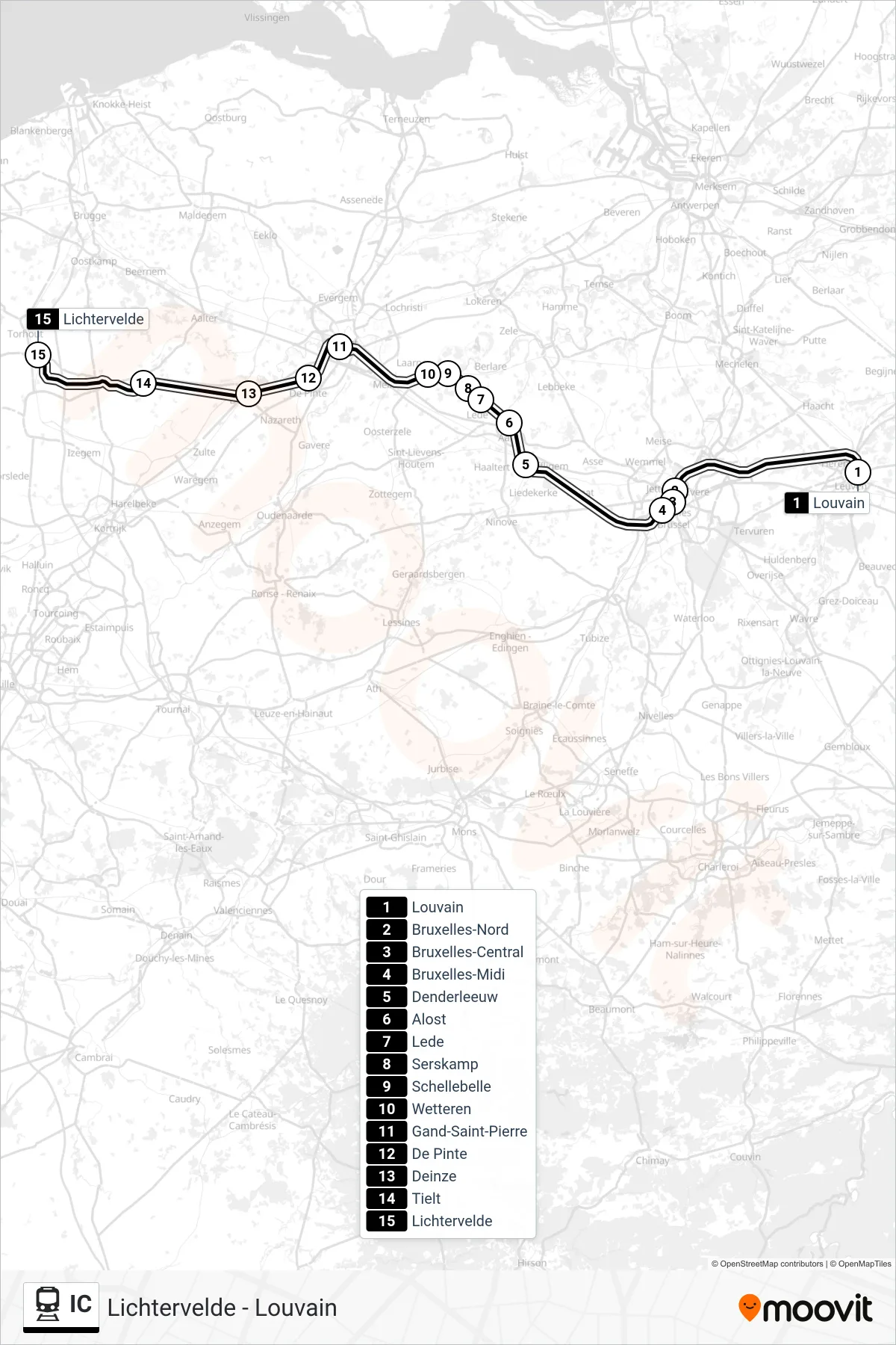 Lijn IC (trein, Louvain→Lichtervelde): route en haltes op de kaart