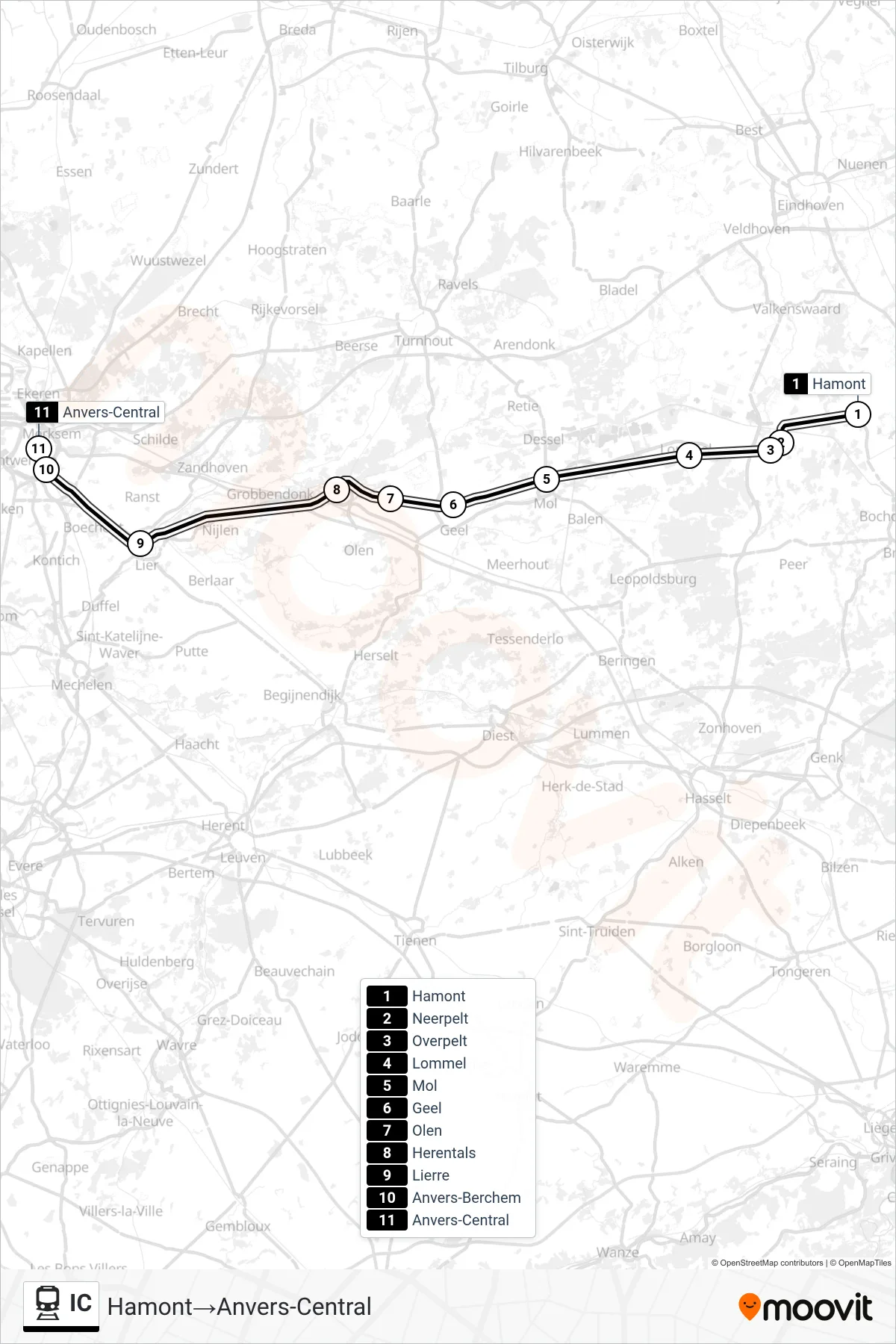 Lijn IC (trein, Hamont‎→Anvers-Central): route en haltes op de kaart