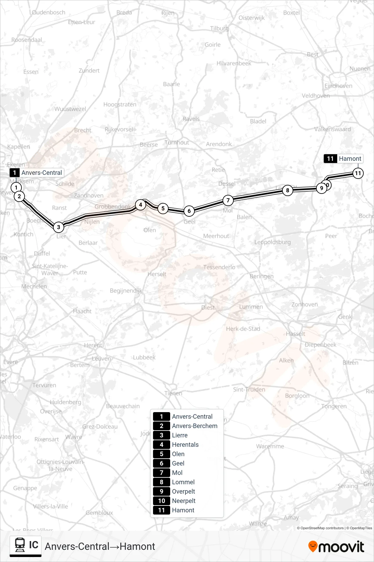 Lijn IC (trein, Anvers-Central‎→Hamont): route en haltes op de kaart