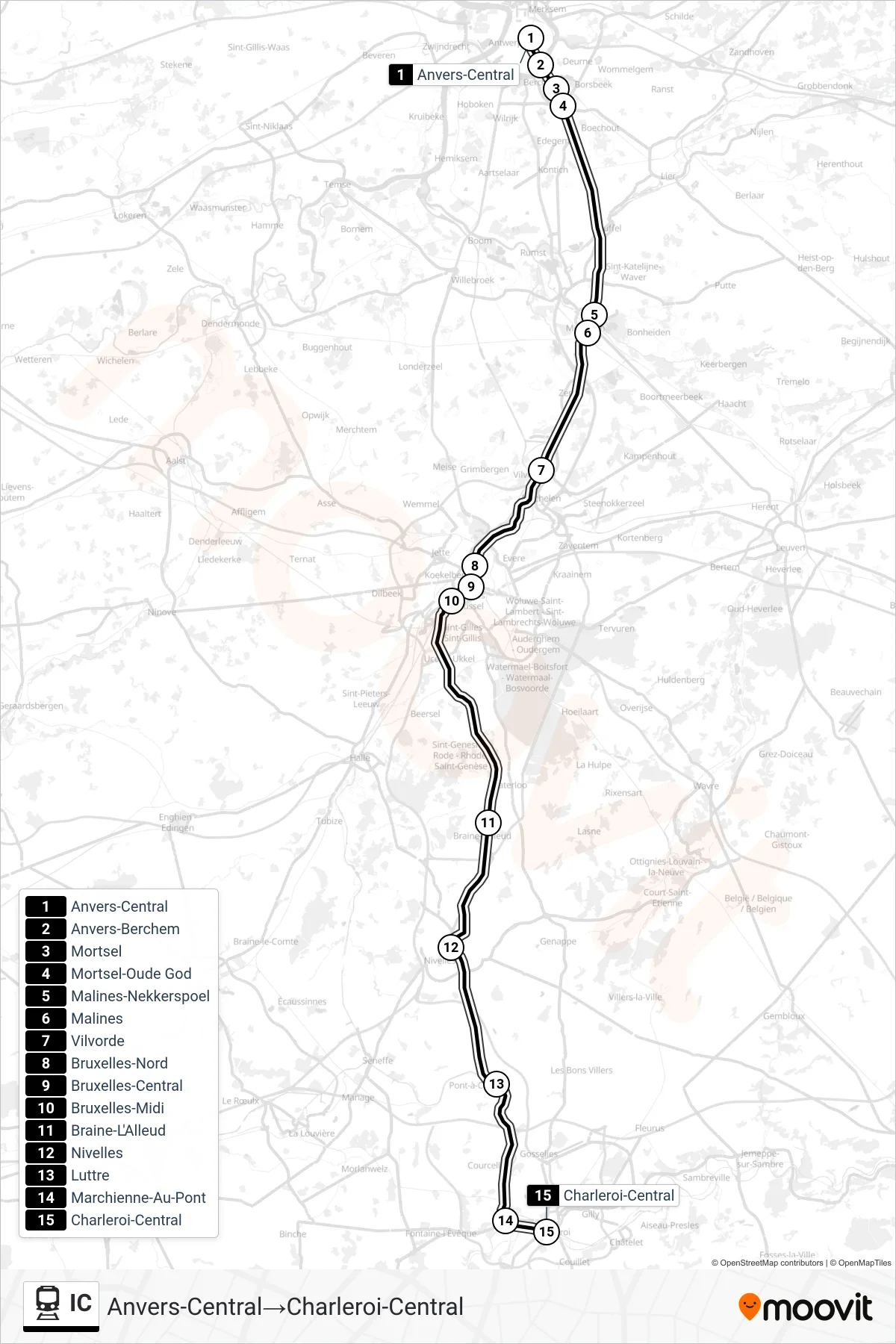 IC train Line (Antwerp Central→Charleroi Central) route and stops on a map