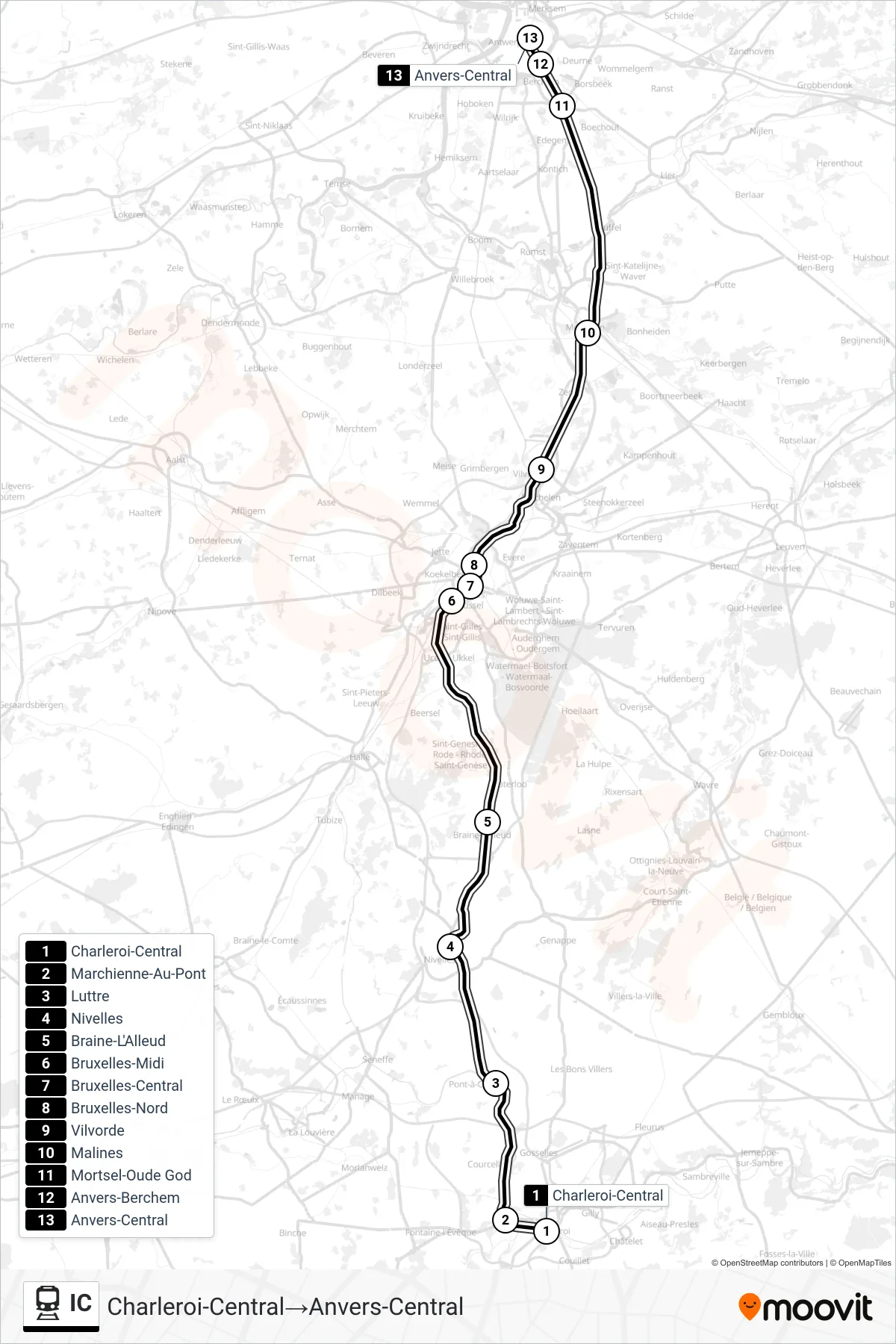 IC train Line (Charleroi Central→Antwerp Central) route and stops on a map