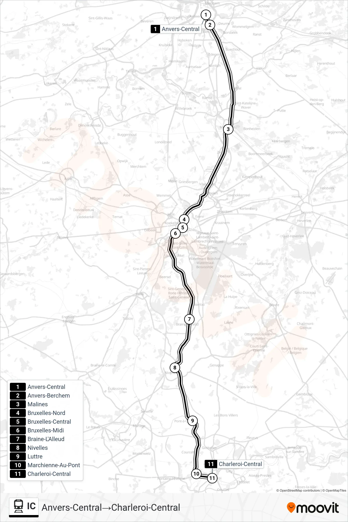 Lijn IC (trein, Anvers-Central‎→Charleroi-Central): route en haltes op de kaart