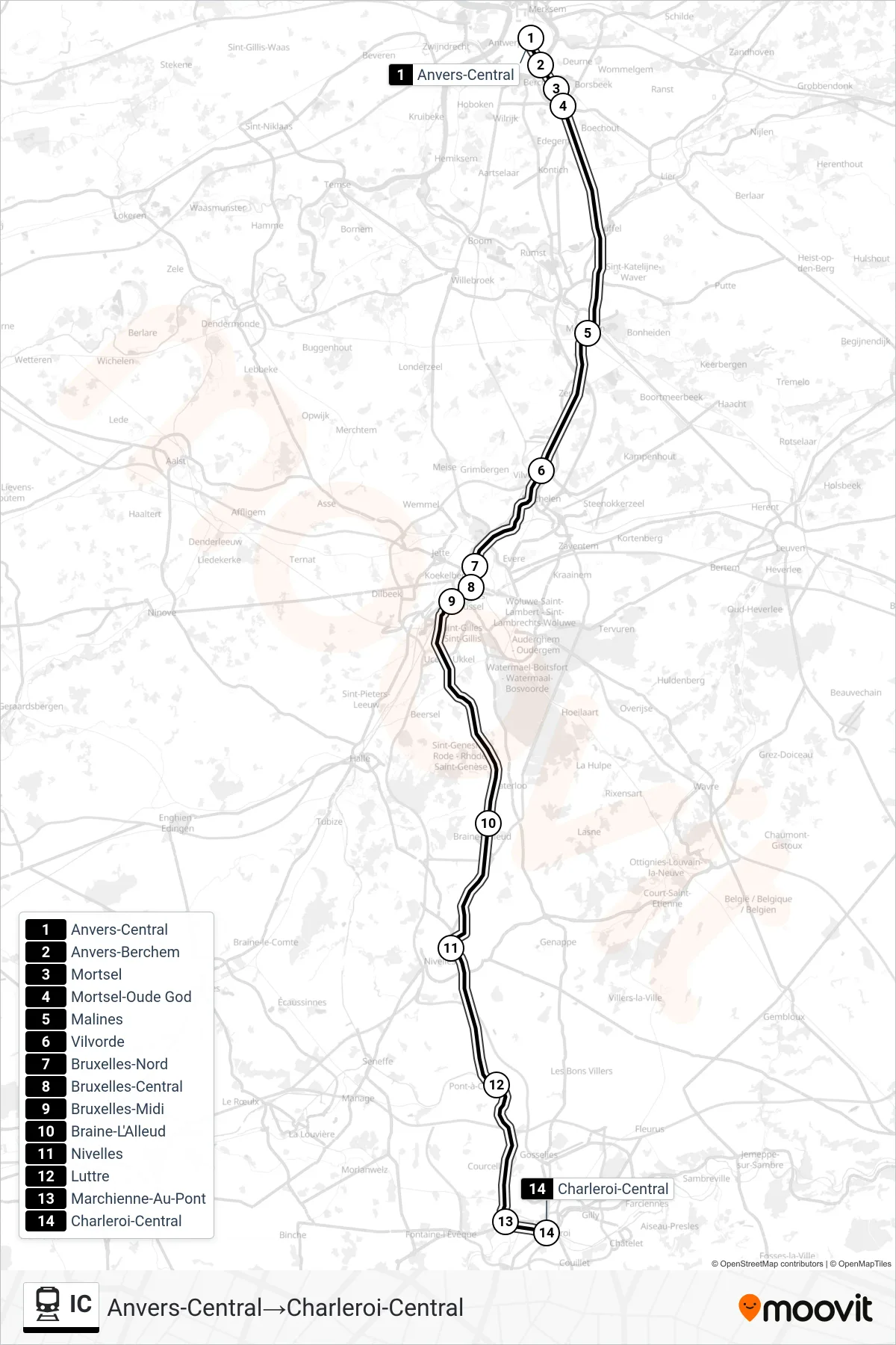 IC train Line (Antwerp Central‎→Charleroi Central) route and stops on a map