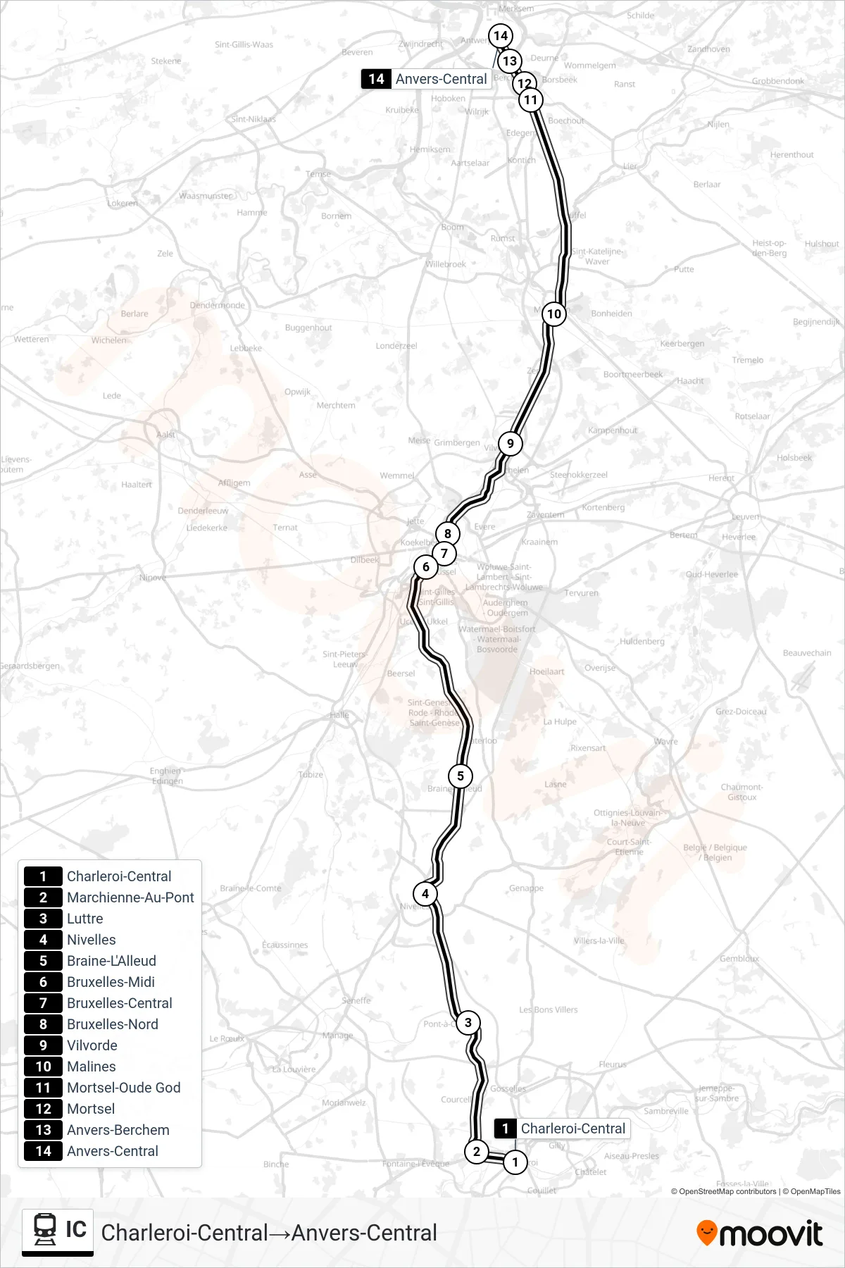IC train Line (Charleroi Central‎→Antwerp Central) route and stops on a map