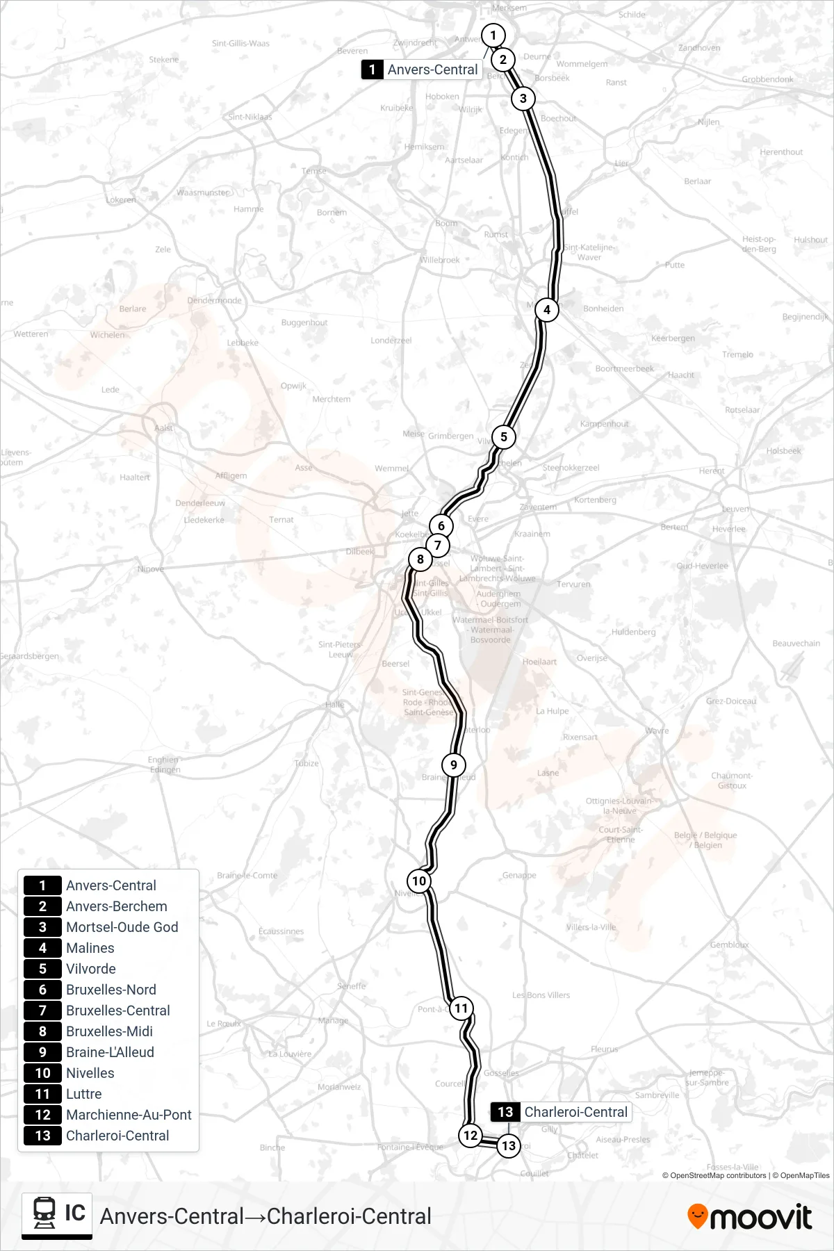 Lijn IC (trein, Anvers-Central→Charleroi-Central): route en haltes op de kaart