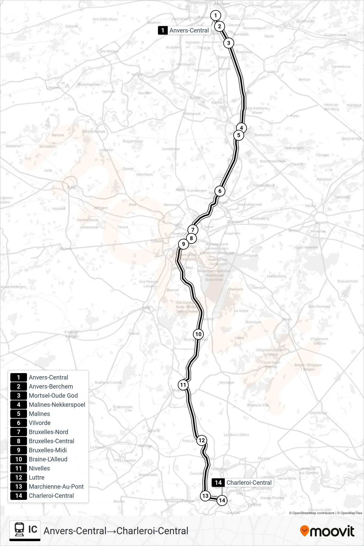 IC train Line (Antwerp Central→Charleroi Central) route and stops on a map