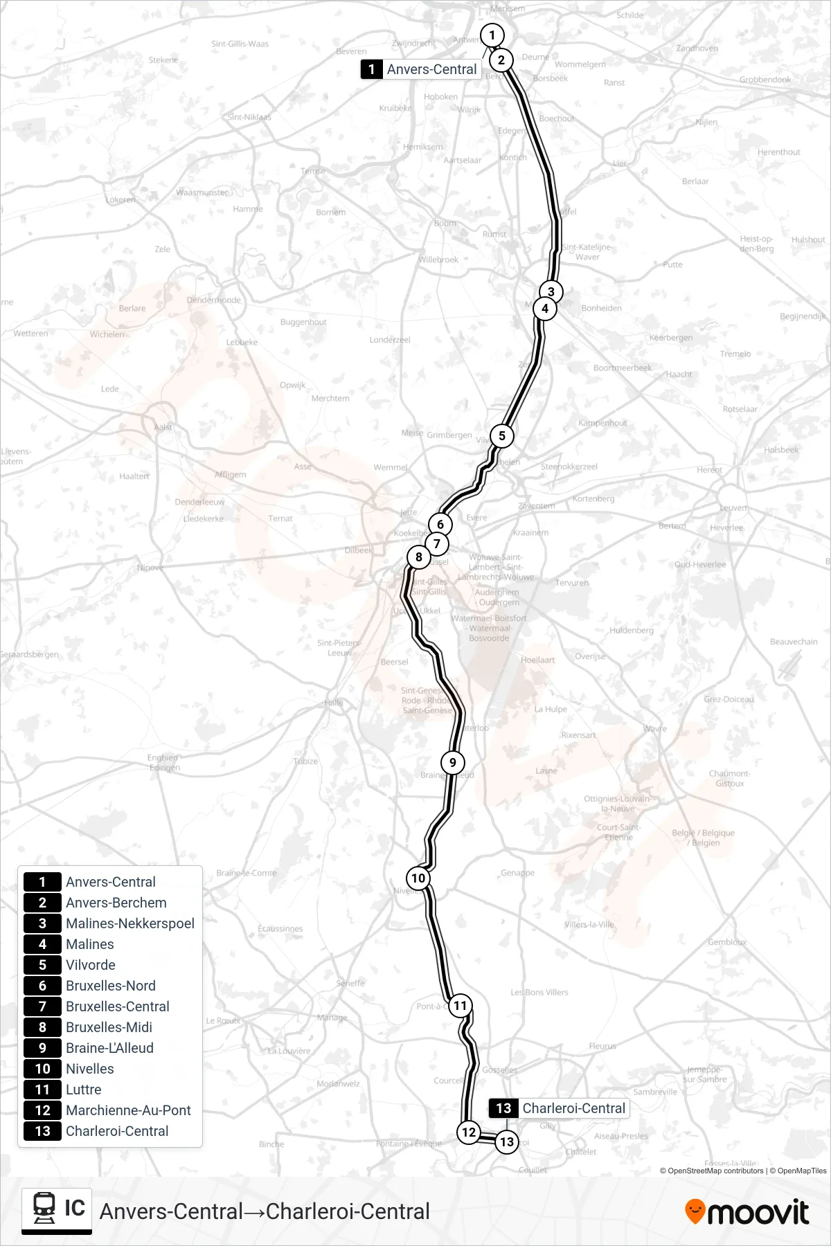 Lijn IC (trein, Anvers-Central‎→Charleroi-Central): route en haltes op de kaart