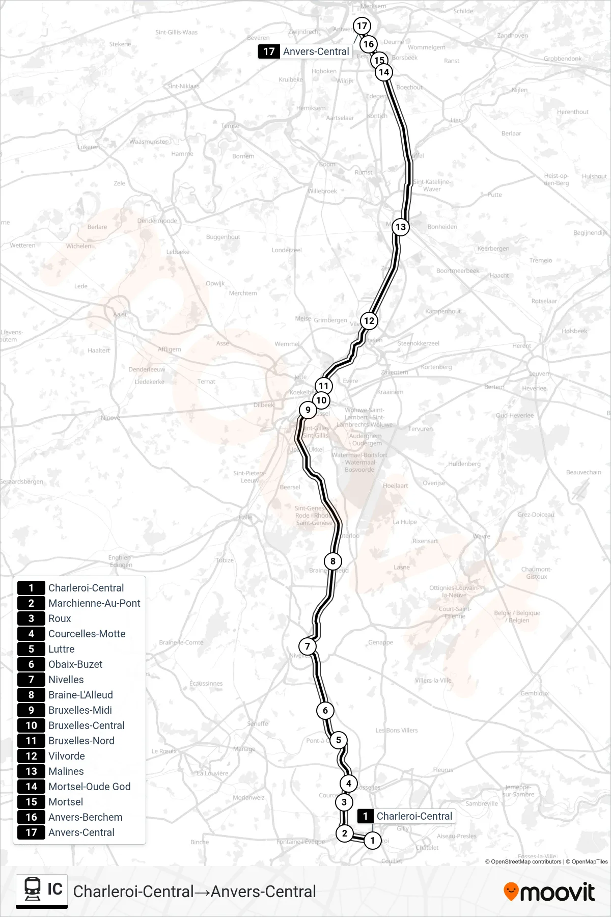 Lijn IC (trein, Charleroi-Central→Anvers-Central): route en haltes op de kaart