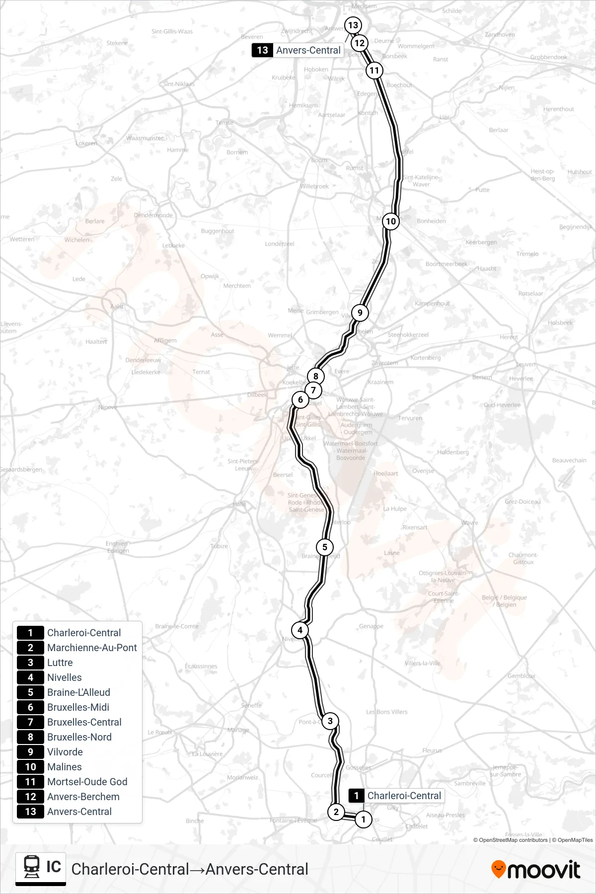 IC train Line (Charleroi Central‎→Antwerp Central) route and stops on a map