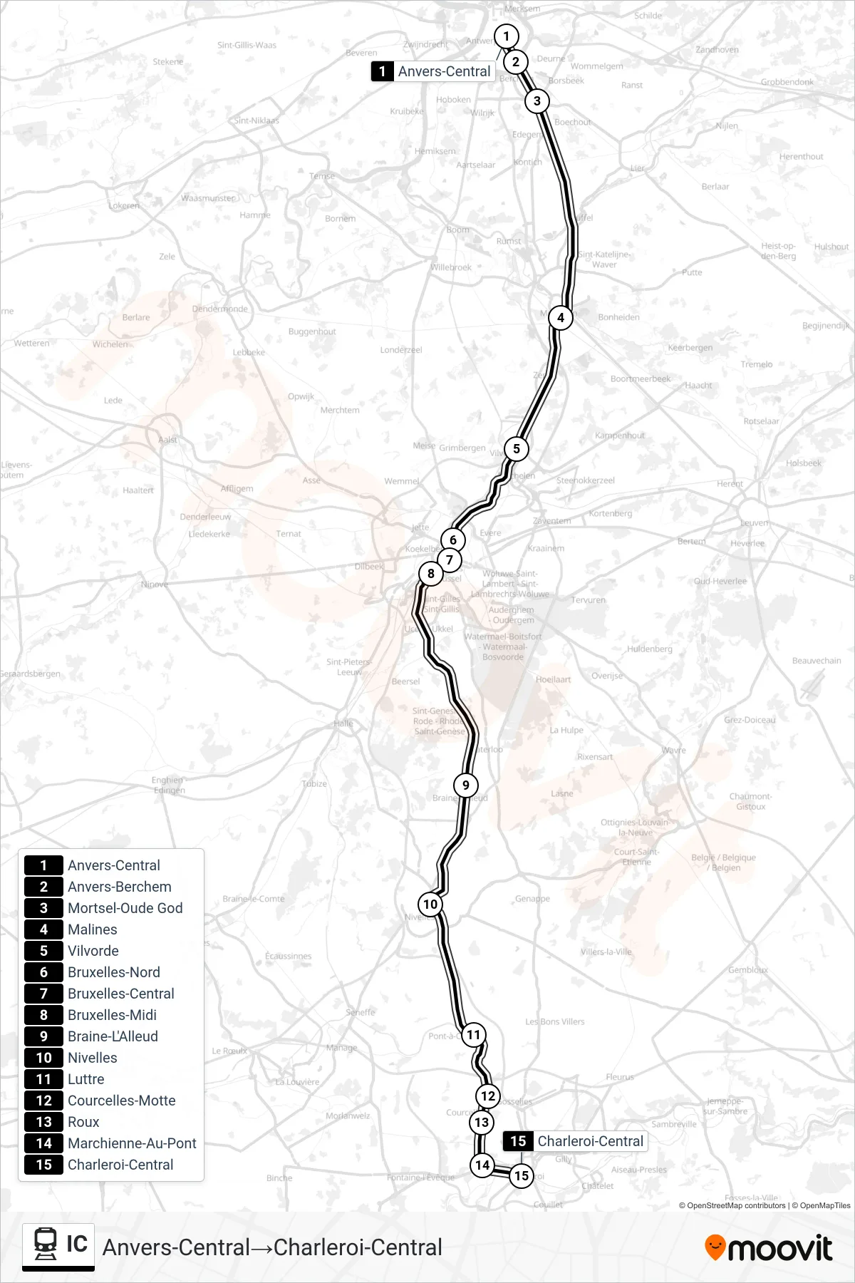IC train Line (Antwerp Central→Charleroi Central) route and stops on a map